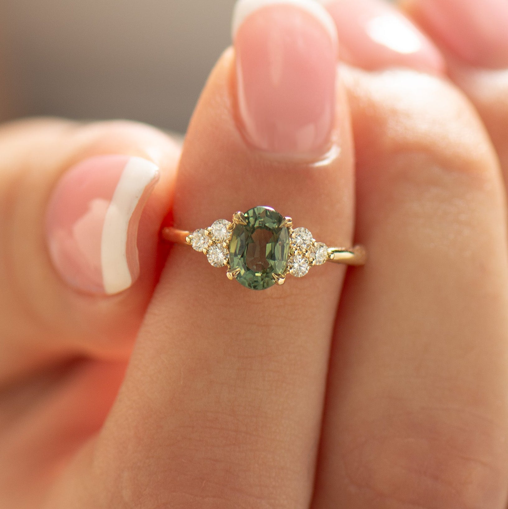 Cluster Green Sapphire Engagement Ring - Round Sides