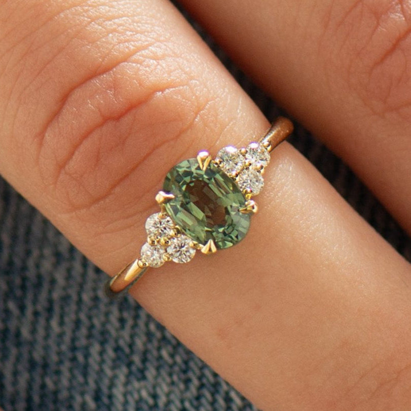 Cluster Green Sapphire Engagement Ring - Round Sides