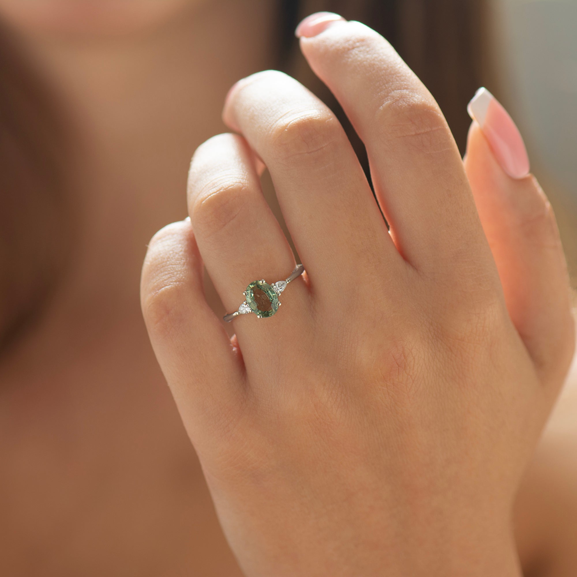 Green Sapphire Engagement Ring - Large Oval