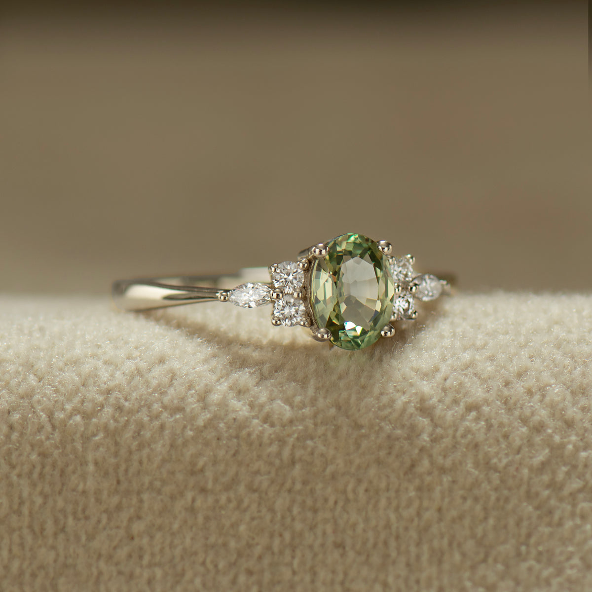 Lotus Green Sapphire Engagement Ring