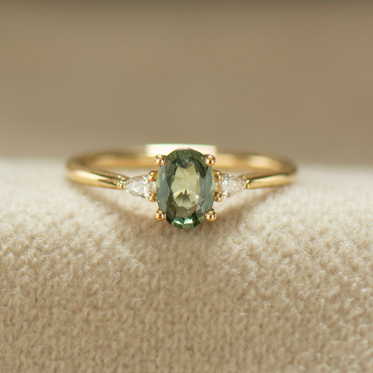 0.95 Carat Oval Green Sapphire Engagement Ring - 14K Yellow Gold