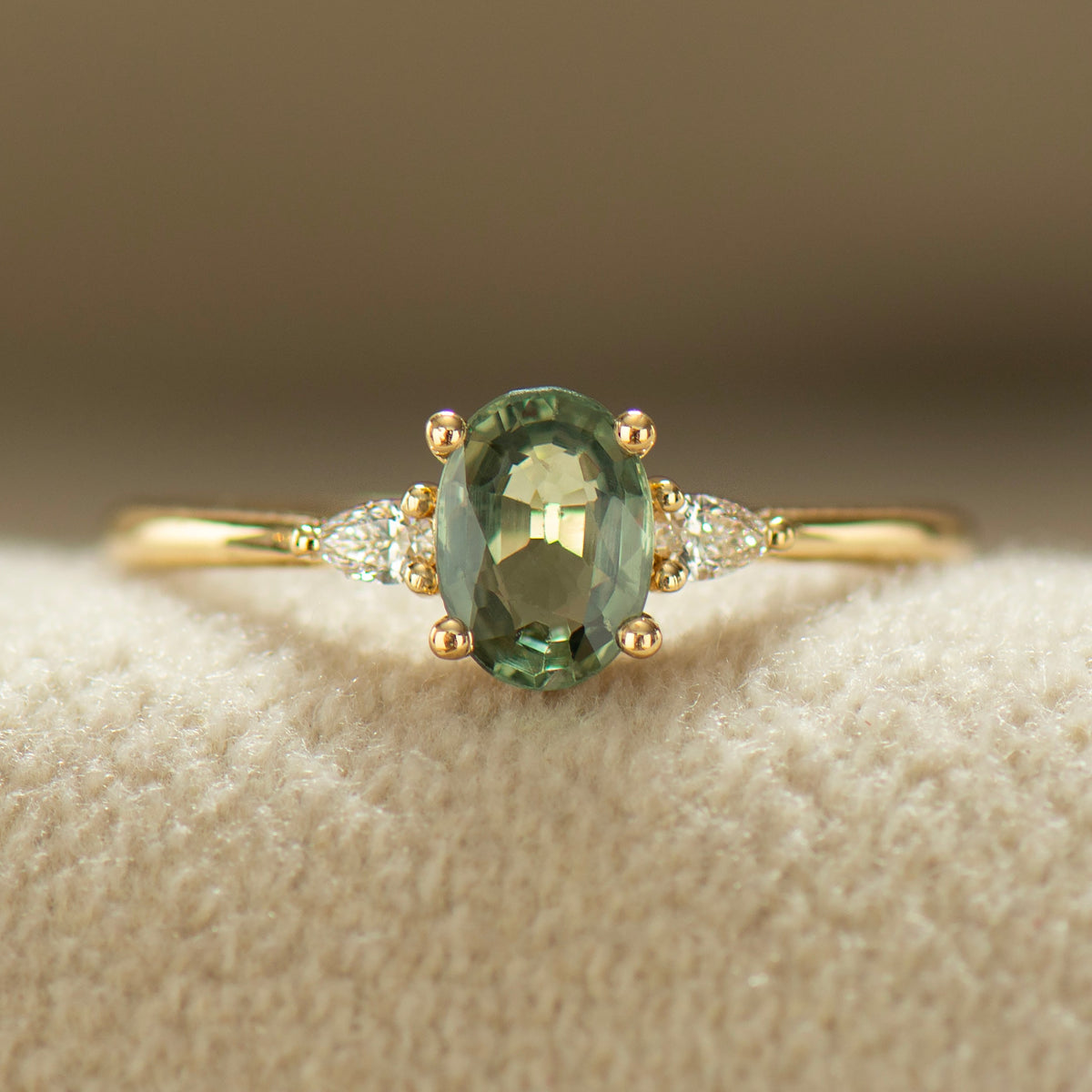 0.95 Carat Oval Green Sapphire Engagement Ring - 14K Yellow Gold