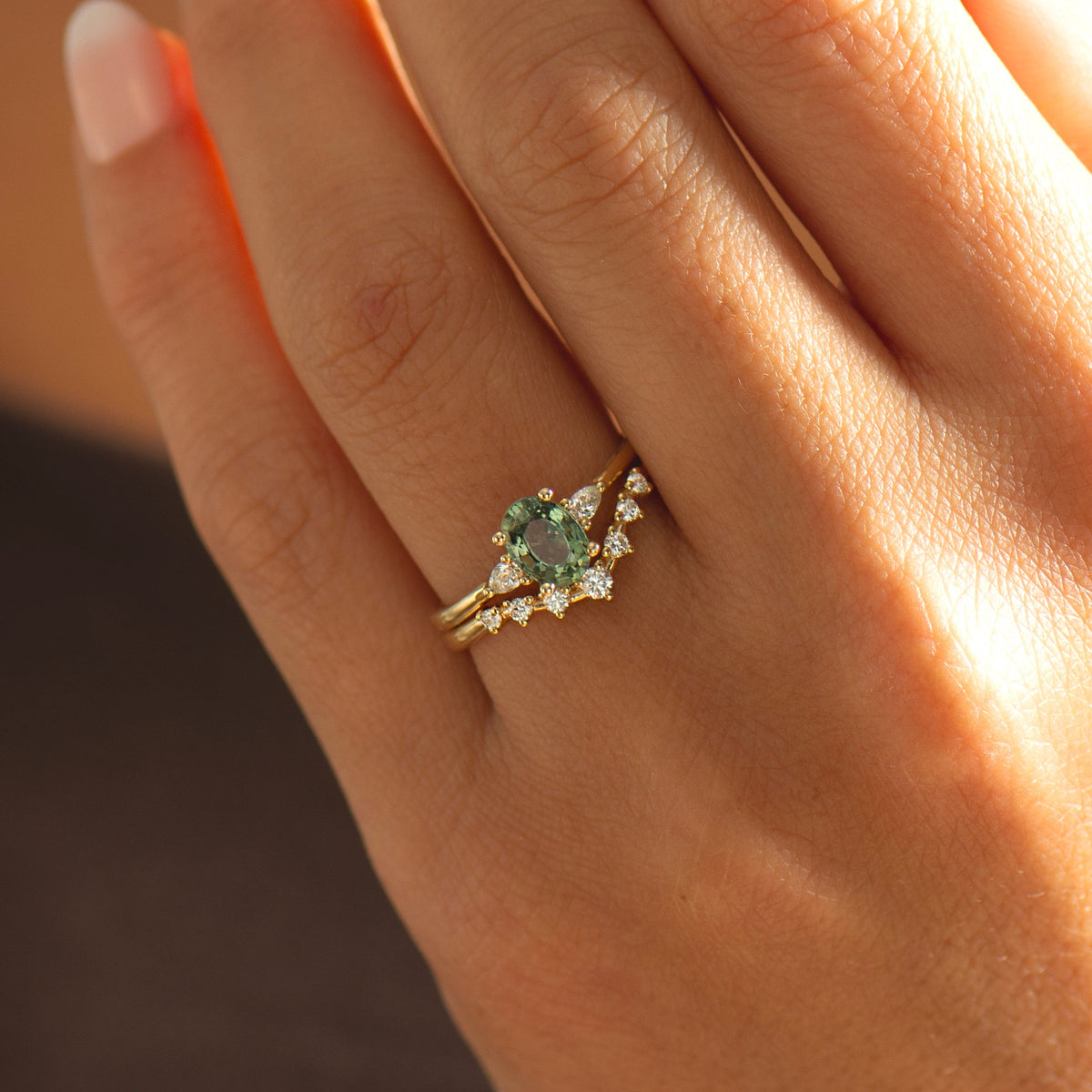 Oval Green Sapphire Ring Set