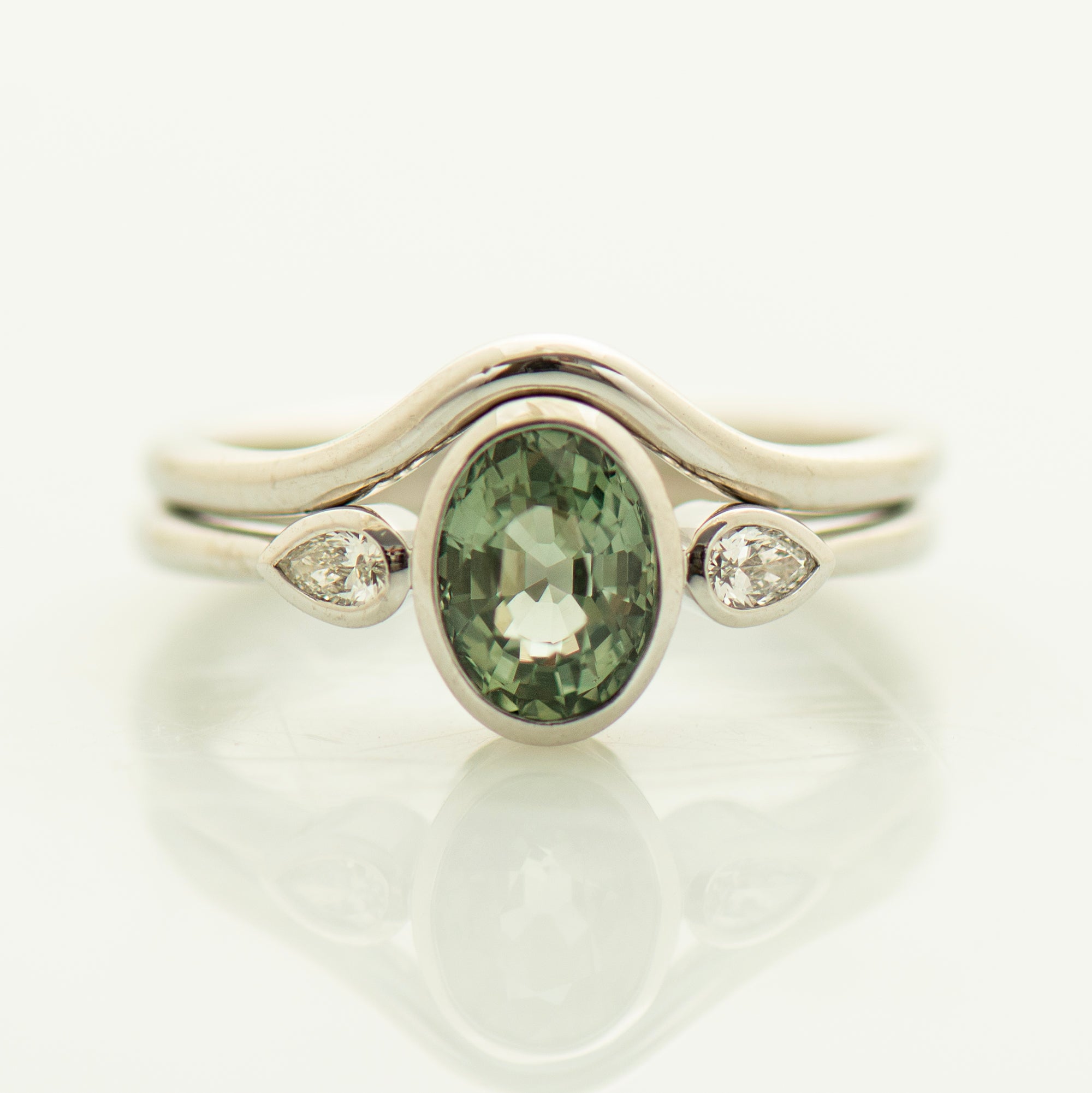 Bezel Green Sapphire Rings Set
