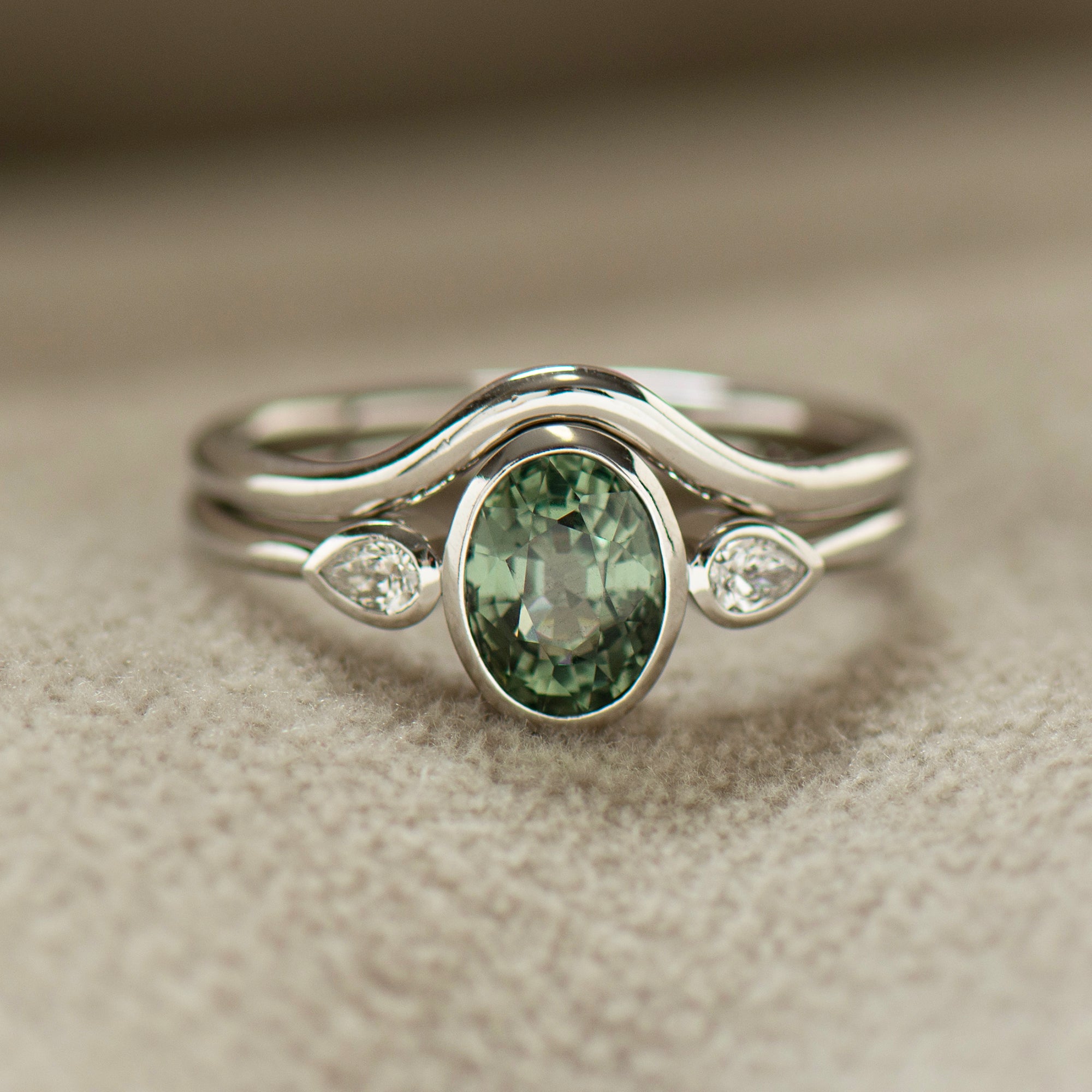 Bezel Green Sapphire Rings Set