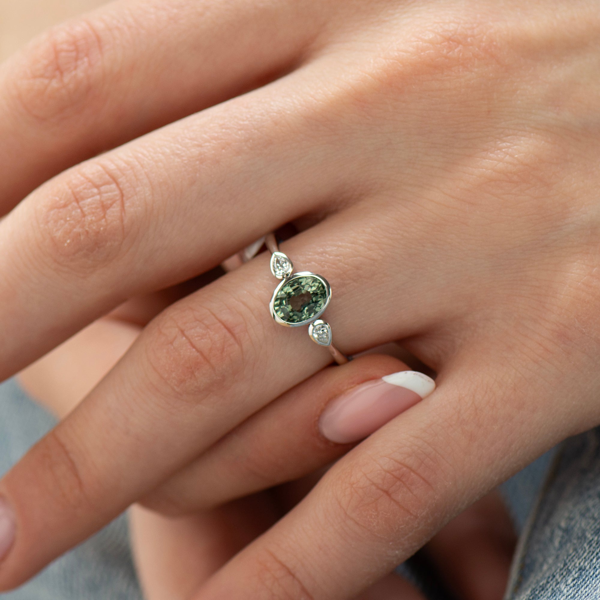 Bezel Green Sapphire Engagement Ring