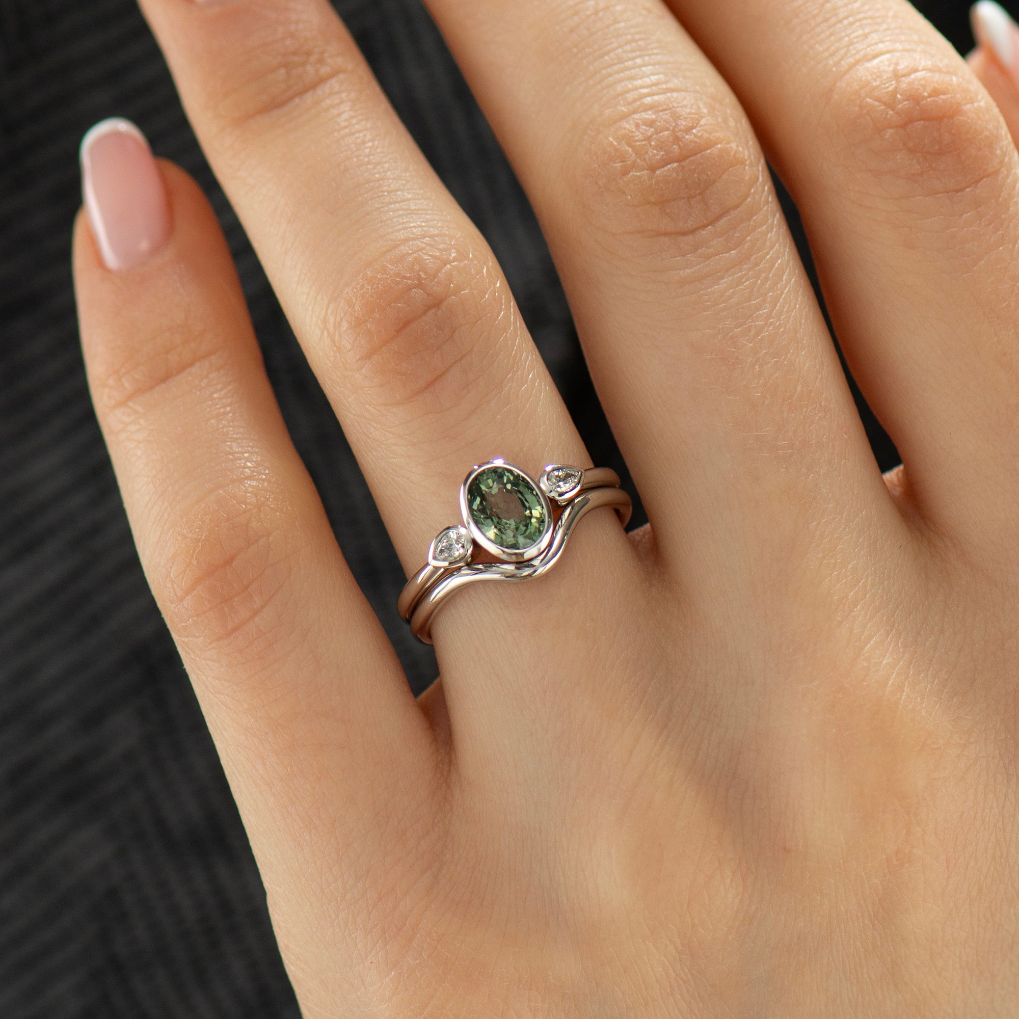Bezel Green Sapphire Rings Set