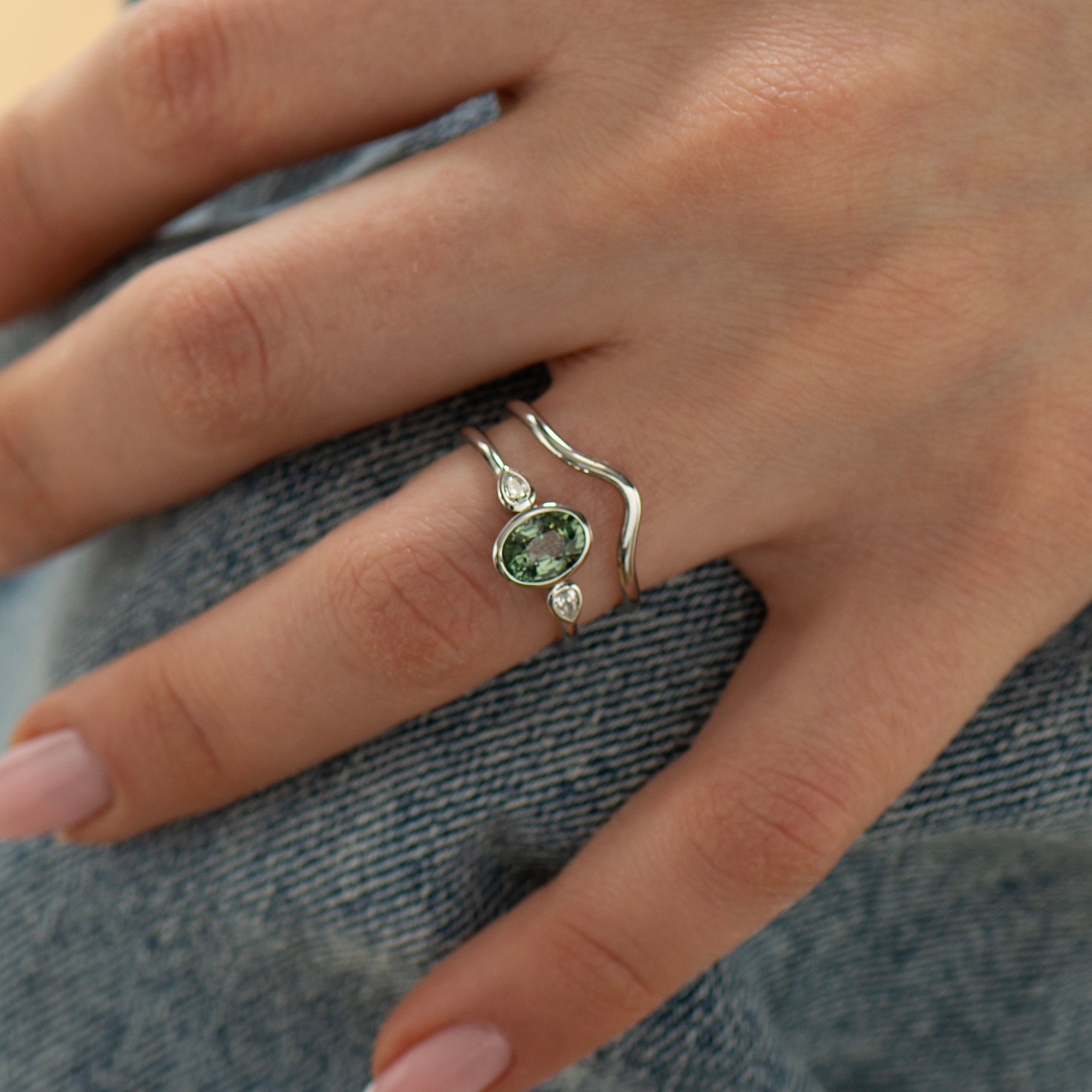 Bezel Green Sapphire Rings Set
