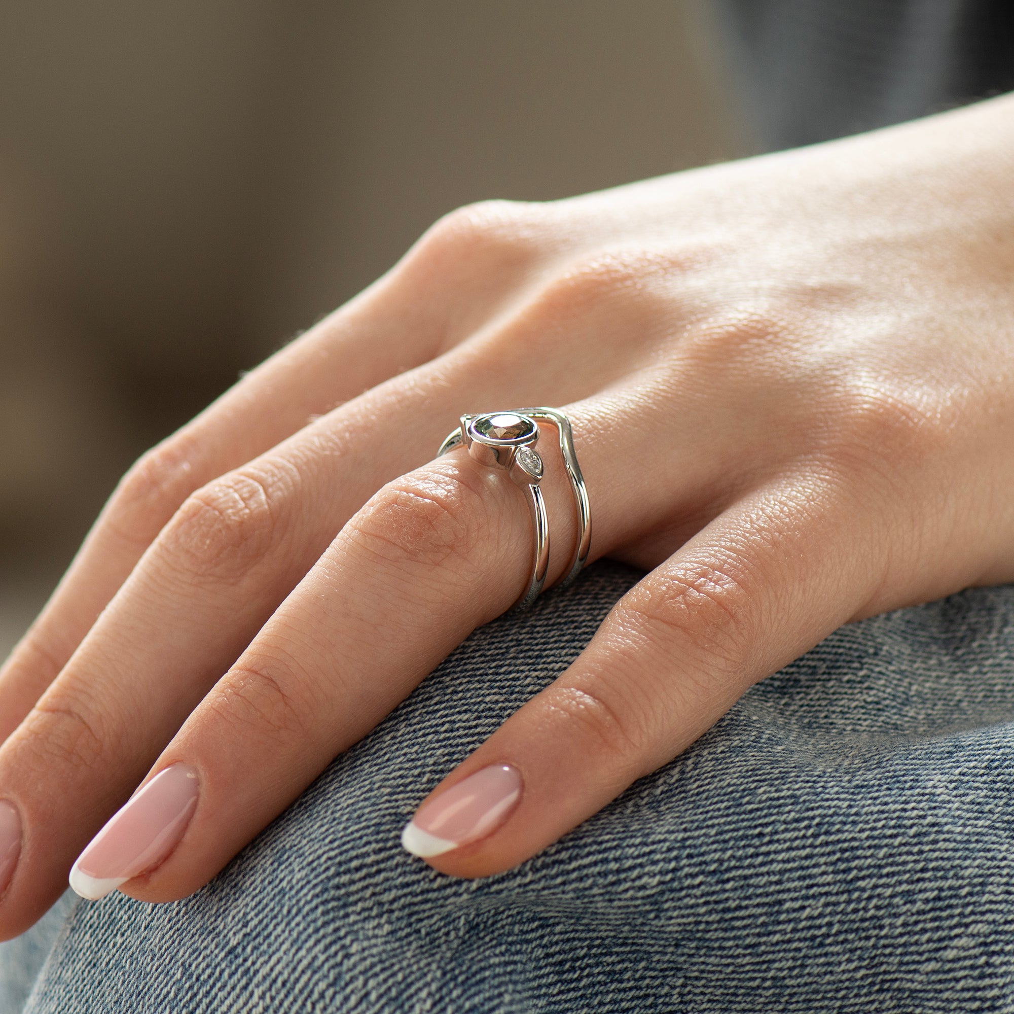 Bezel Green Sapphire Rings Set