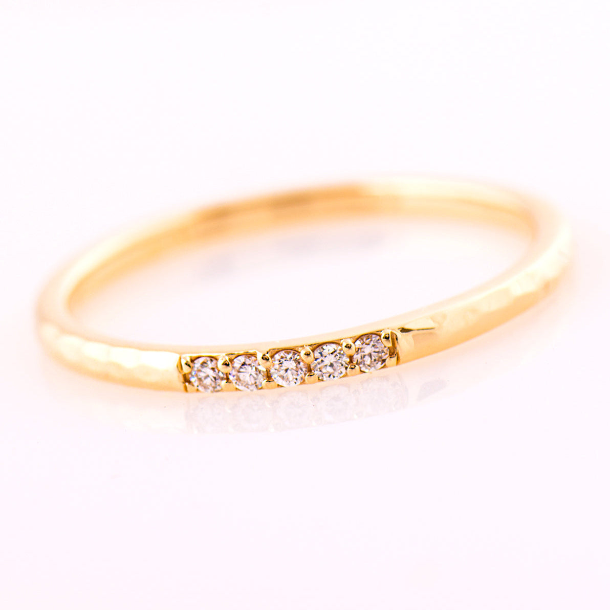 1.5 mm Hammered 5 Diamonds Ring - 14K Yellow Gold