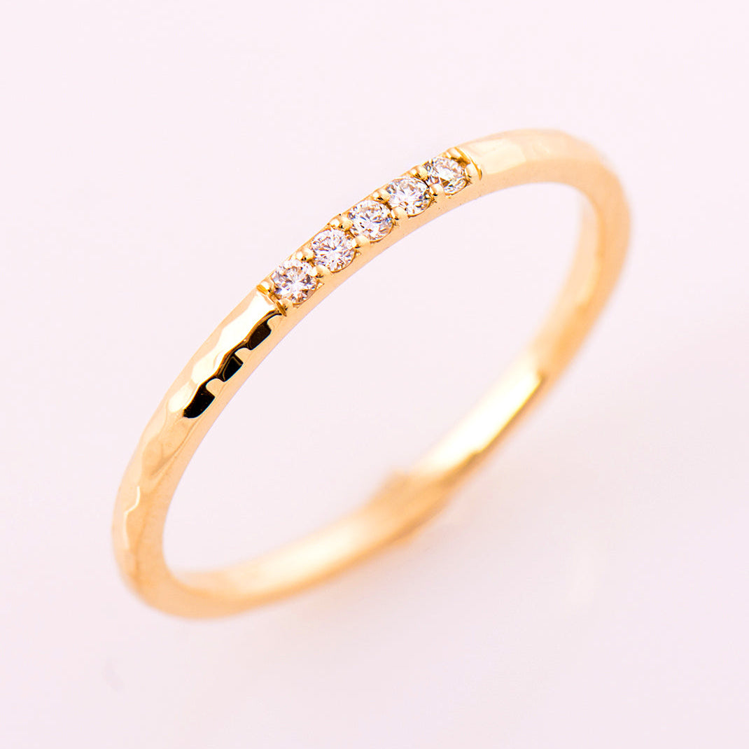 1.5 mm Hammered 5 Diamonds Ring - 14K Yellow Gold