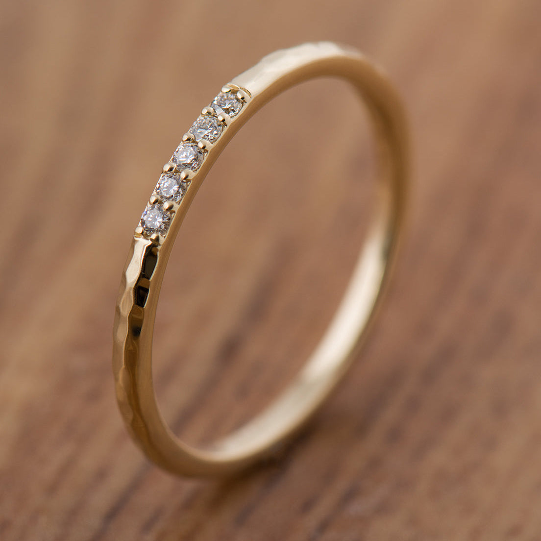 1.5 mm Hammered 5 Diamonds Ring - 14K Yellow Gold