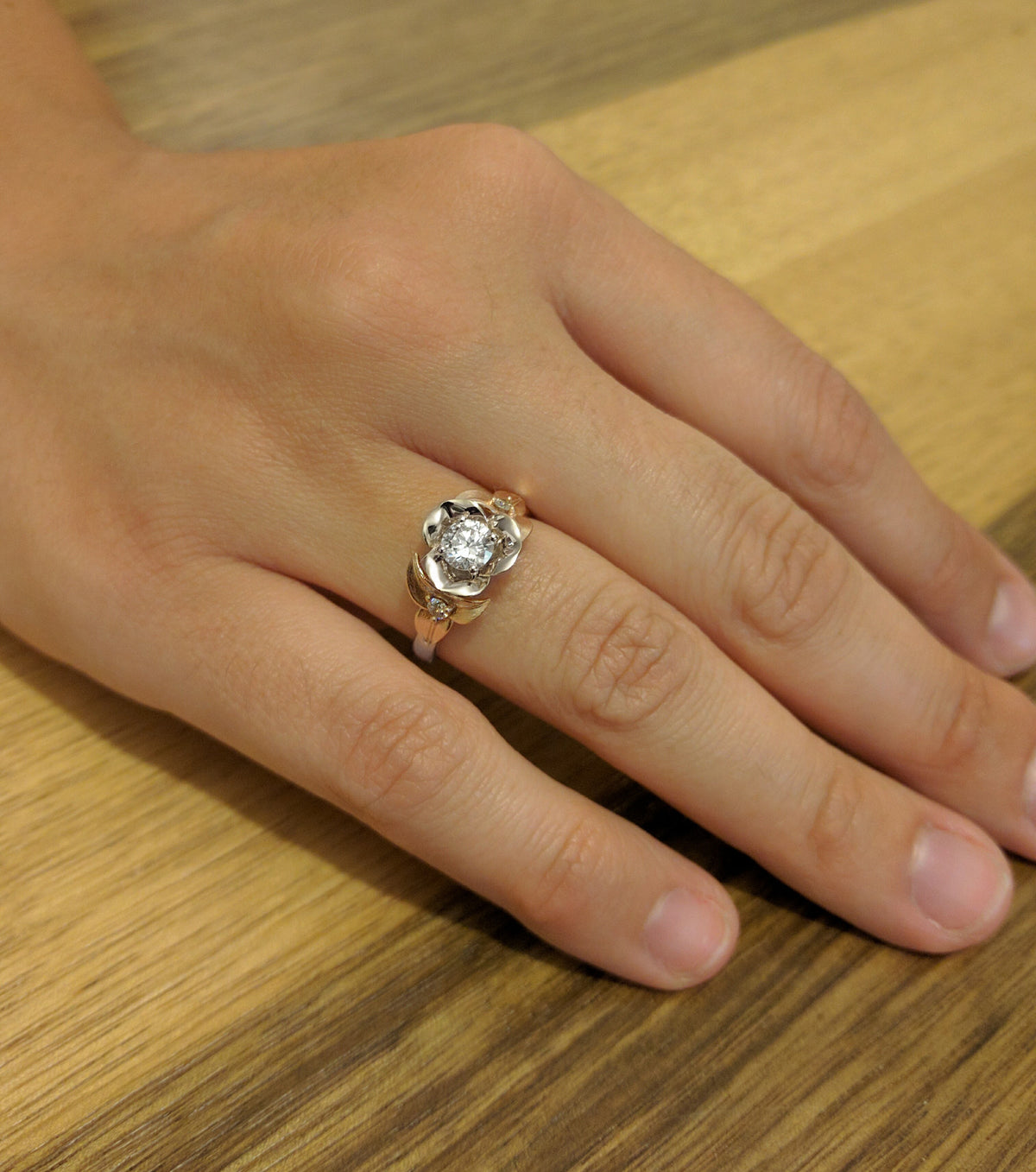Two Tone Flower And Leaf Ring