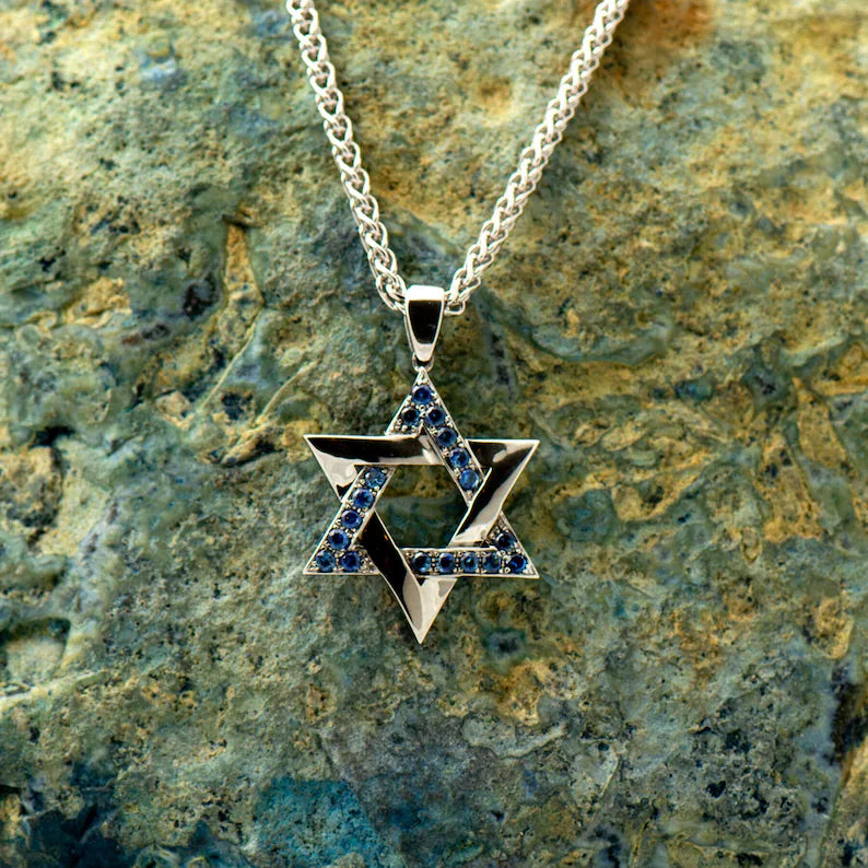 Blue Sapphires Star Of David Interlocked Necklace