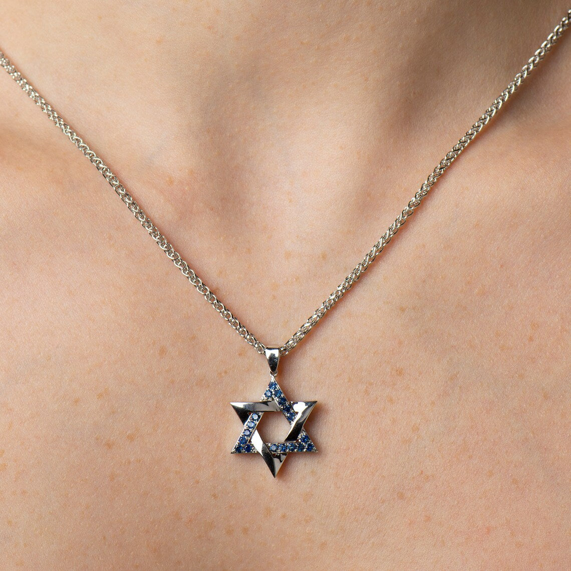 Blue Sapphires Star Of David Interlocked Necklace