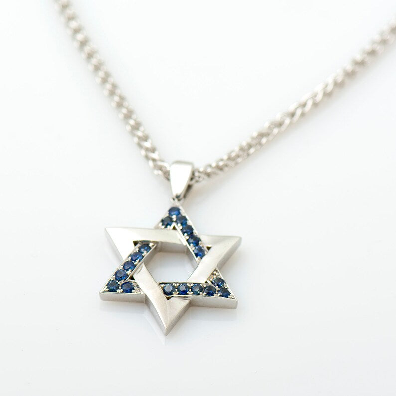 Blue Sapphires Star Of David Interlocked Necklace