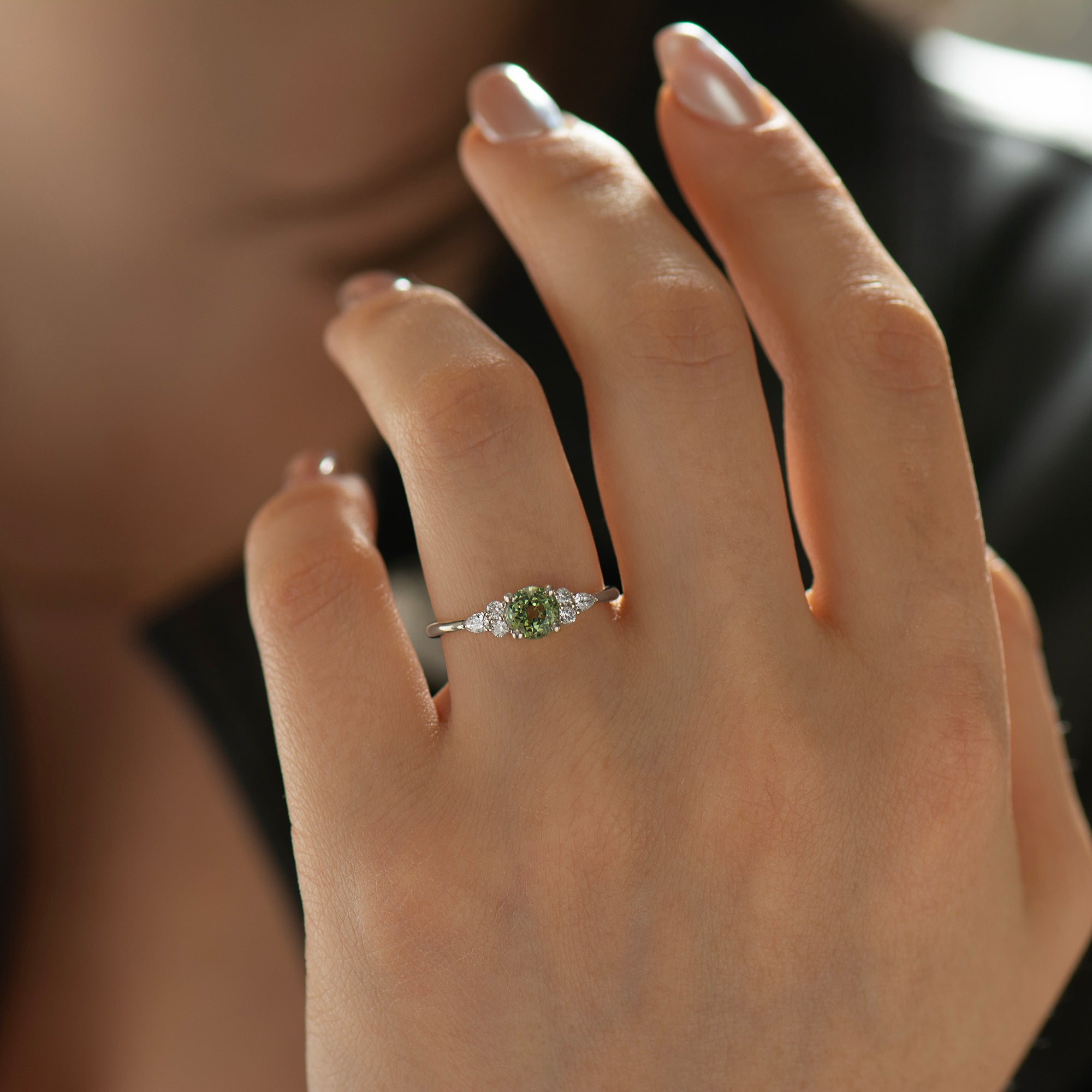Round Cluster Green Sapphire Engagement Ring