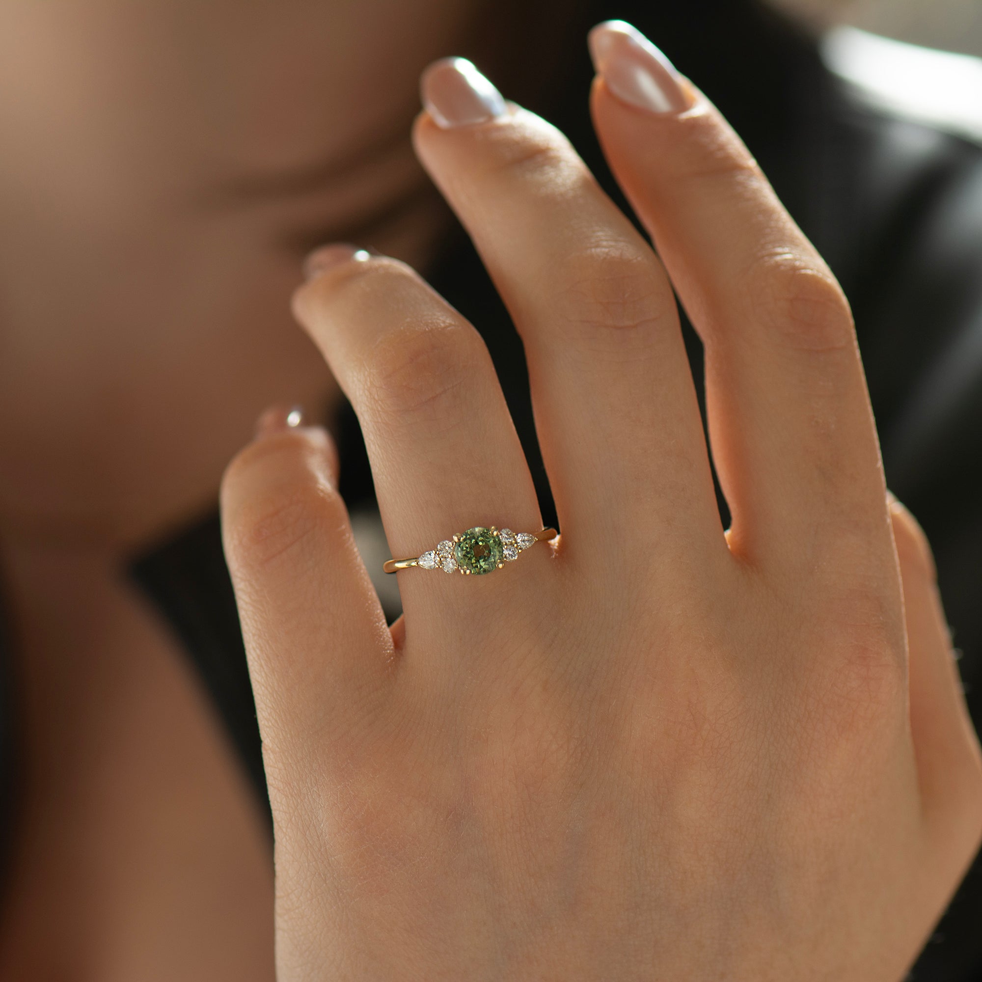 Round Cluster Green Sapphire Engagement Ring
