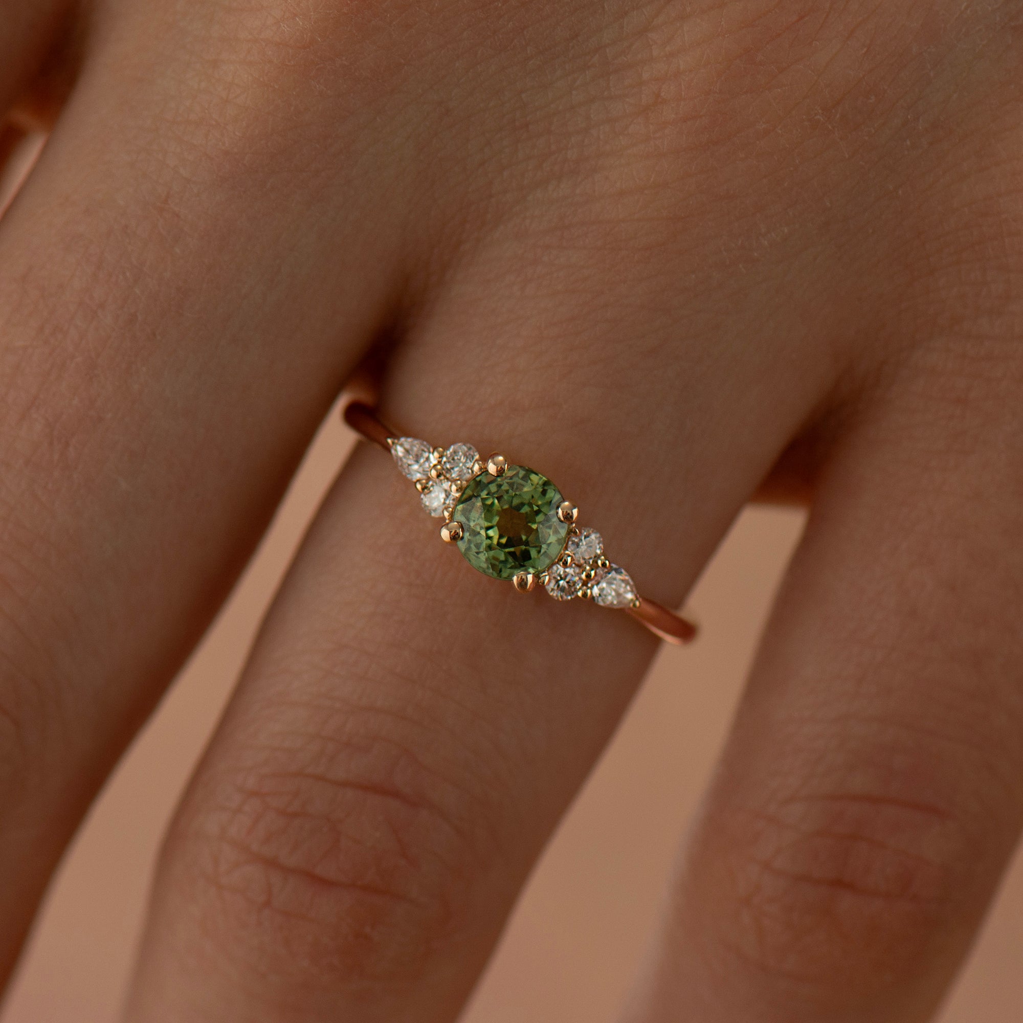 Round Cluster Green Sapphire Engagement Ring