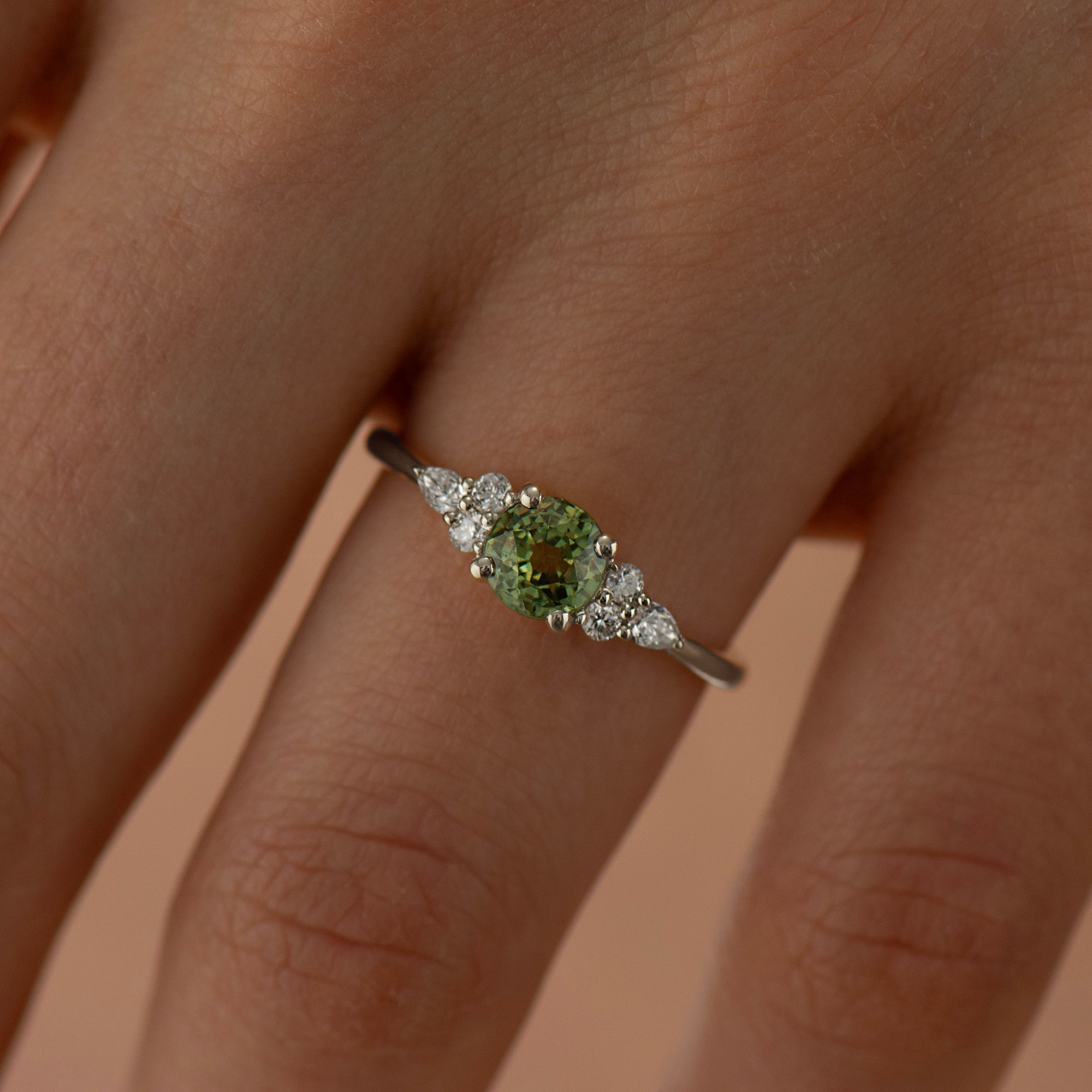 Round Cluster Green Sapphire Engagement Ring