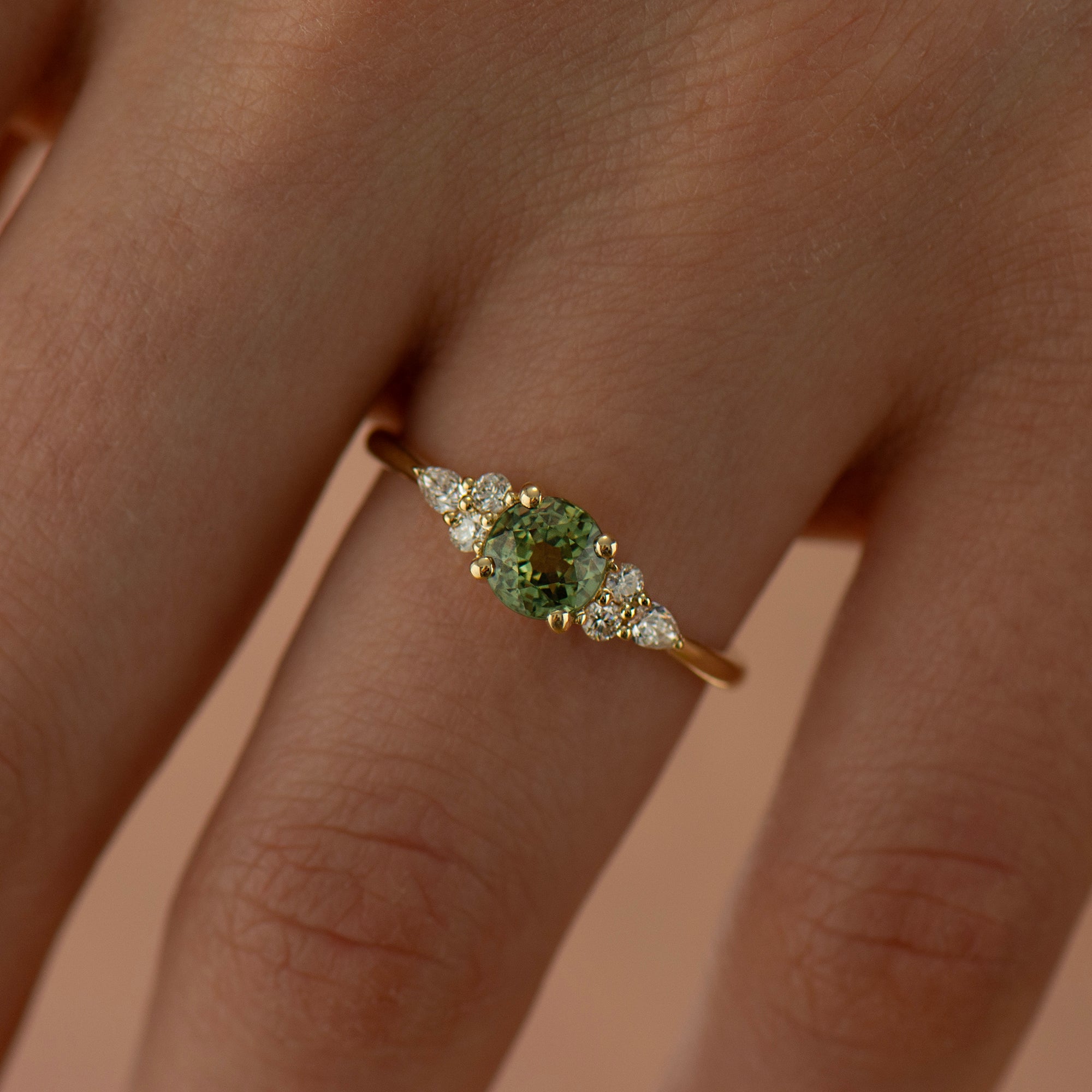 Round Cluster Green Sapphire Engagement Ring