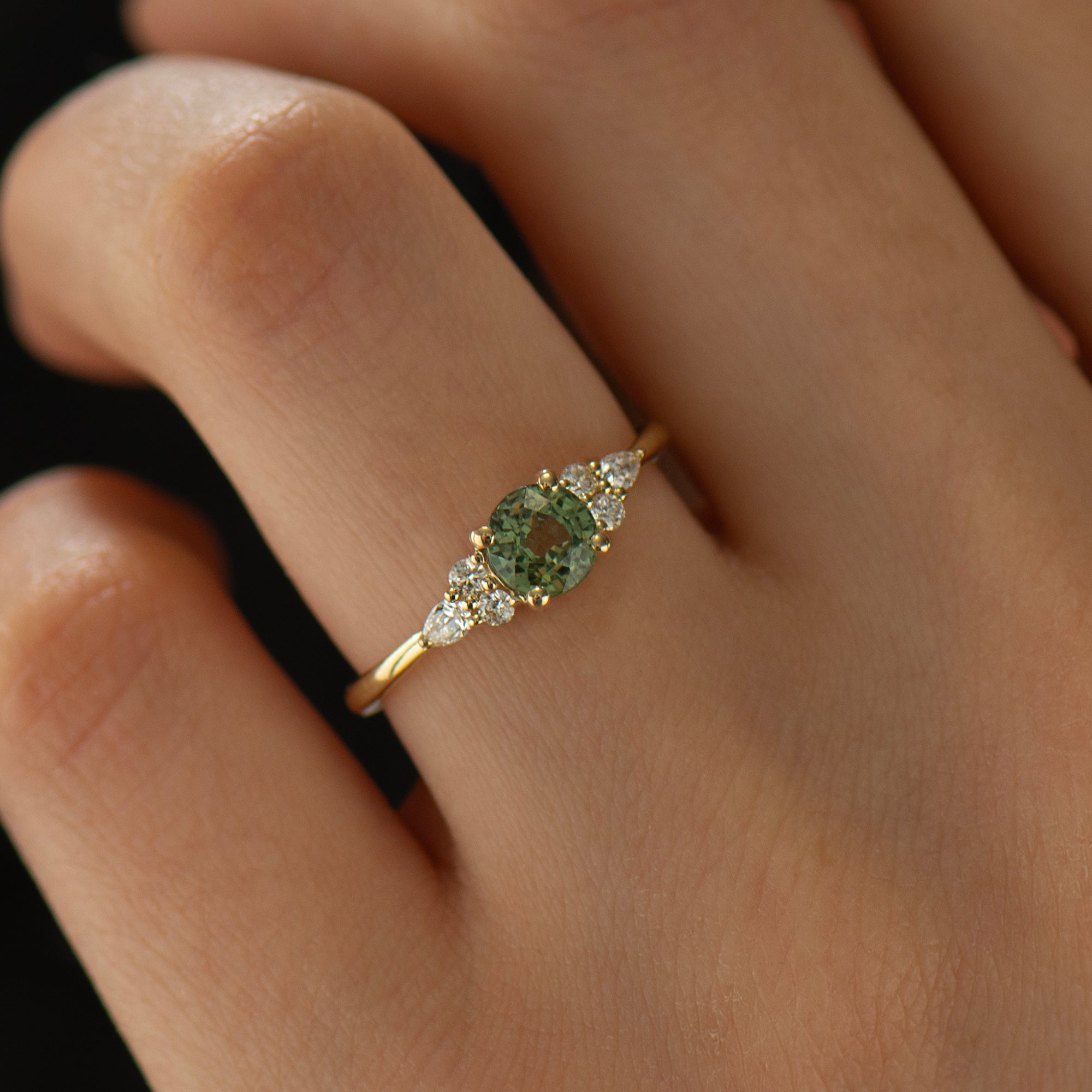 Round Cluster Green Sapphire Engagement Ring