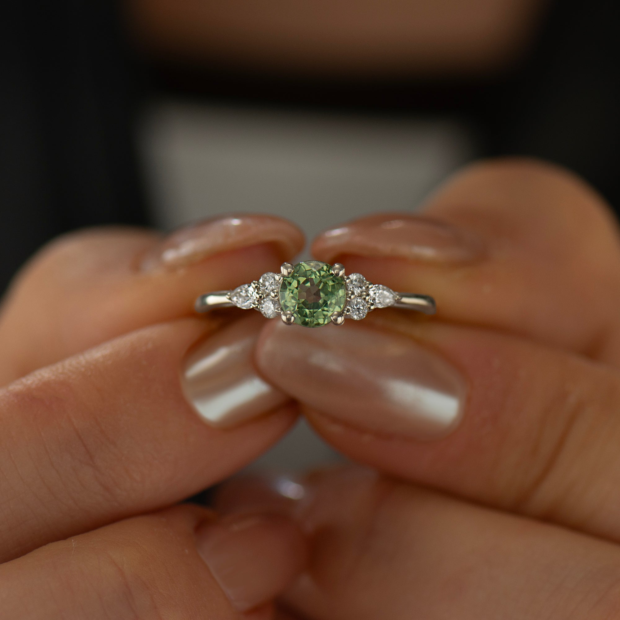 Round Cluster Green Sapphire Engagement Ring