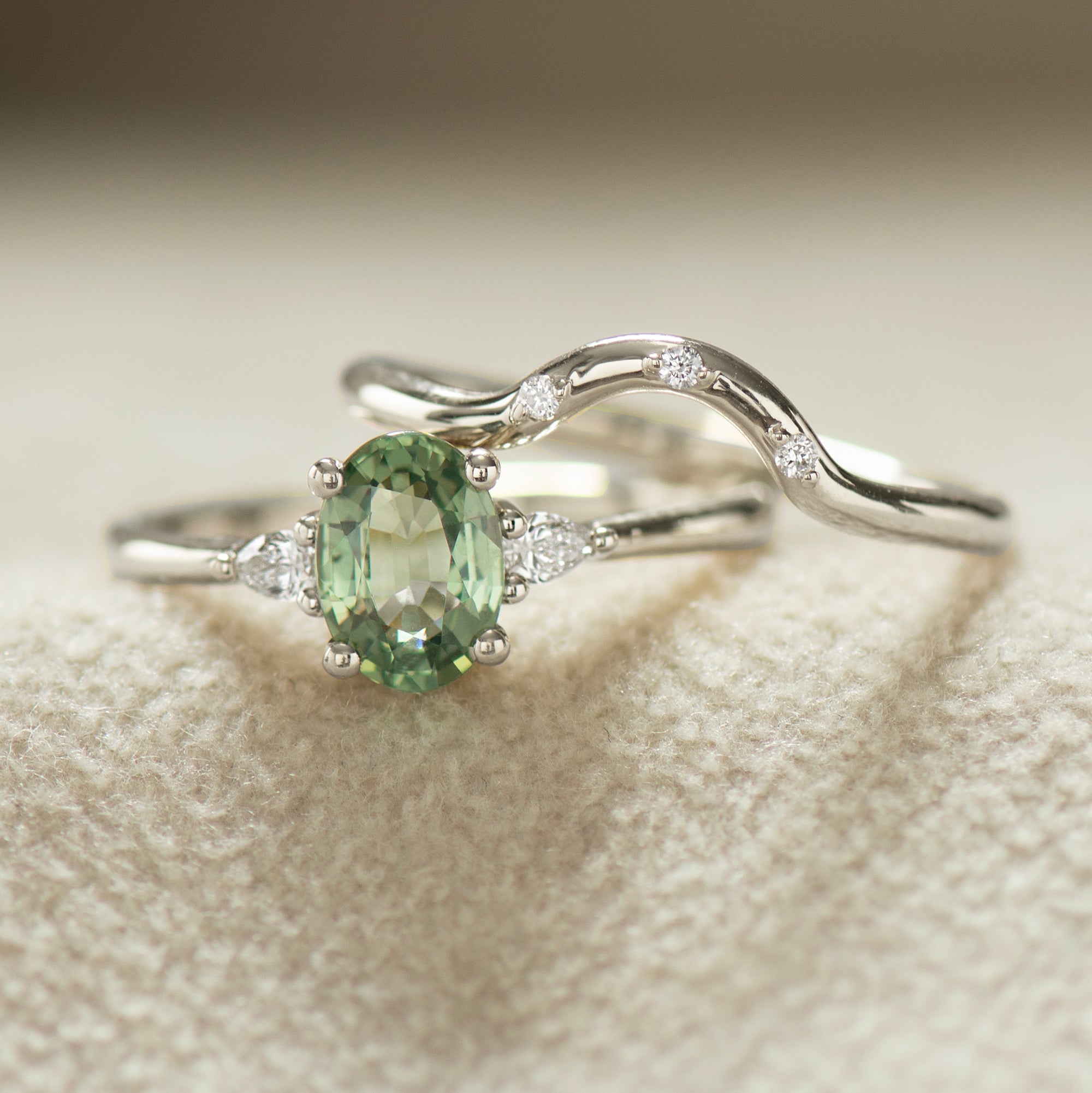 Three Stones Green Sapphire Engagement Set - with Diamonds