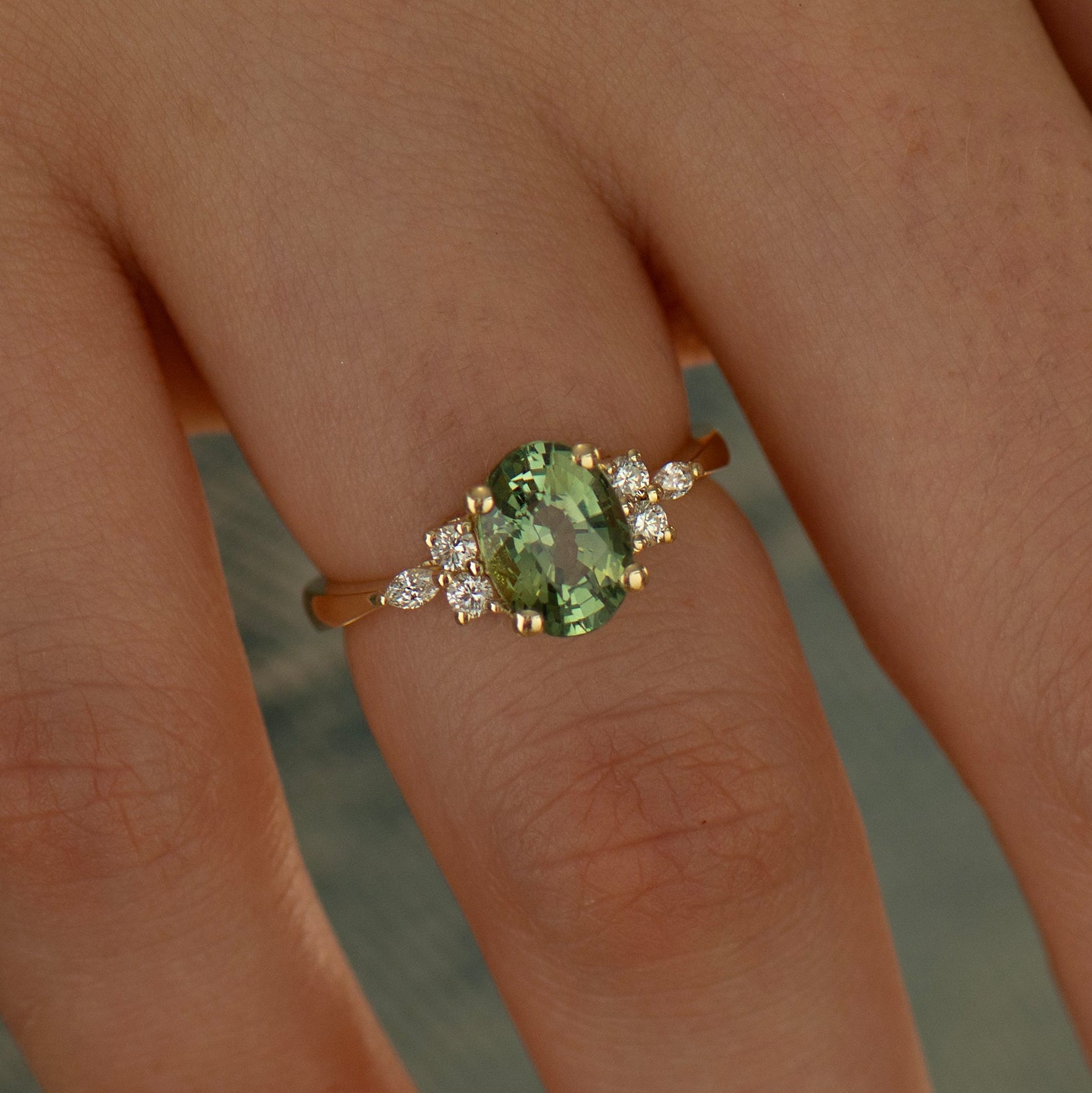 Large Lotus Green Sapphire Engagement Ring
