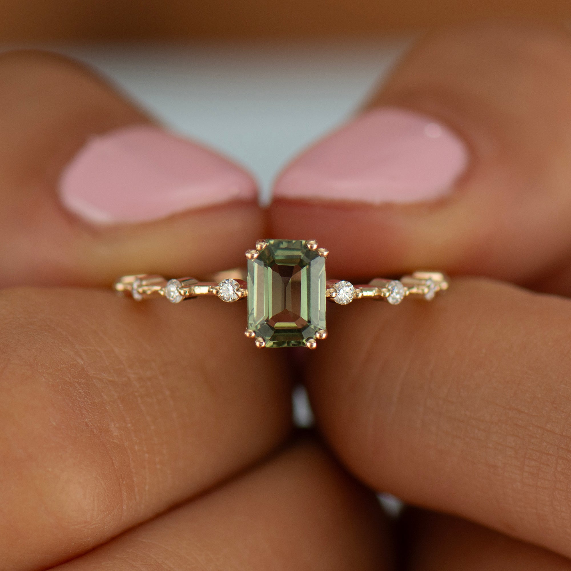 Unique Green Sapphire Engagement Ring - Emerald