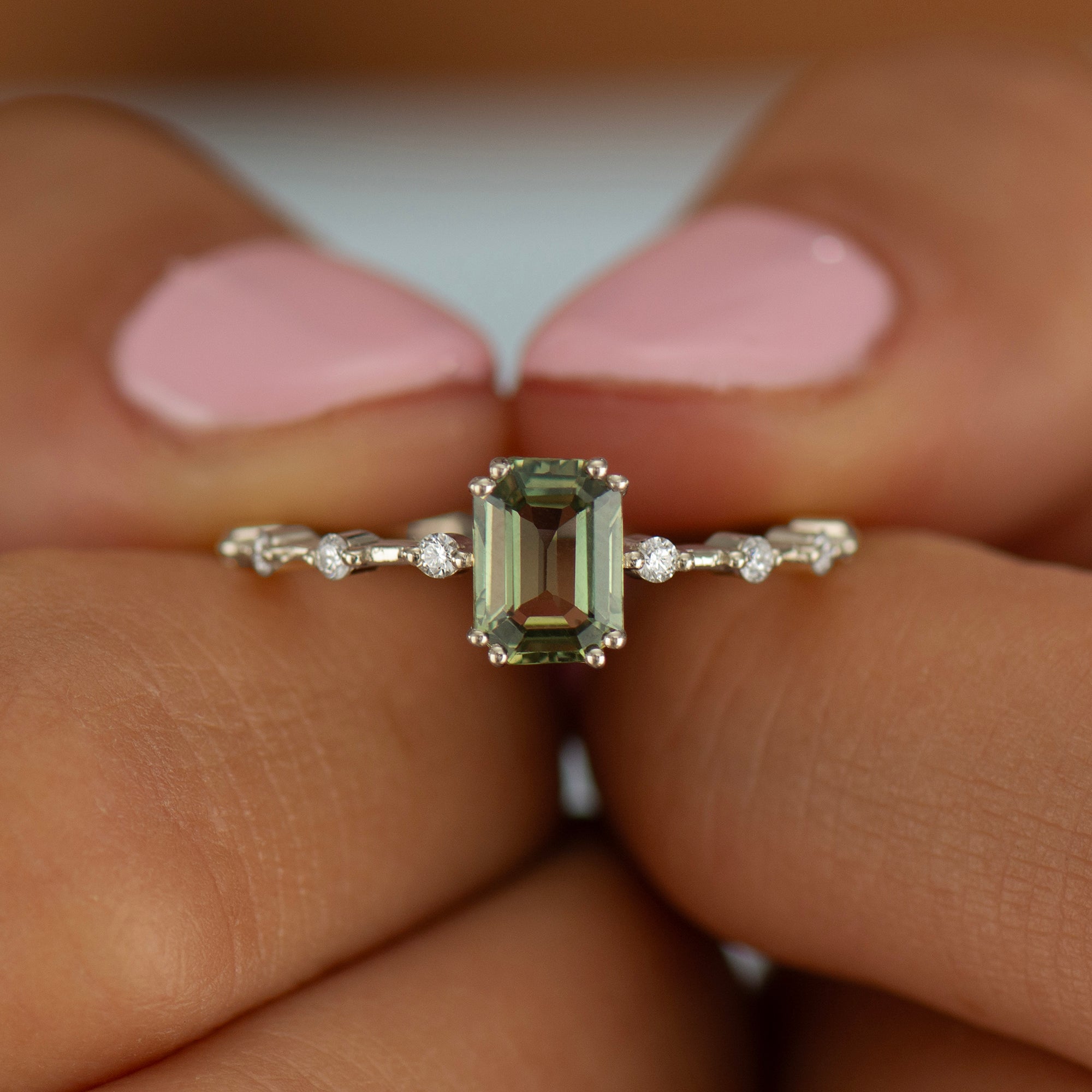 Unique Green Sapphire Engagement Ring - Emerald