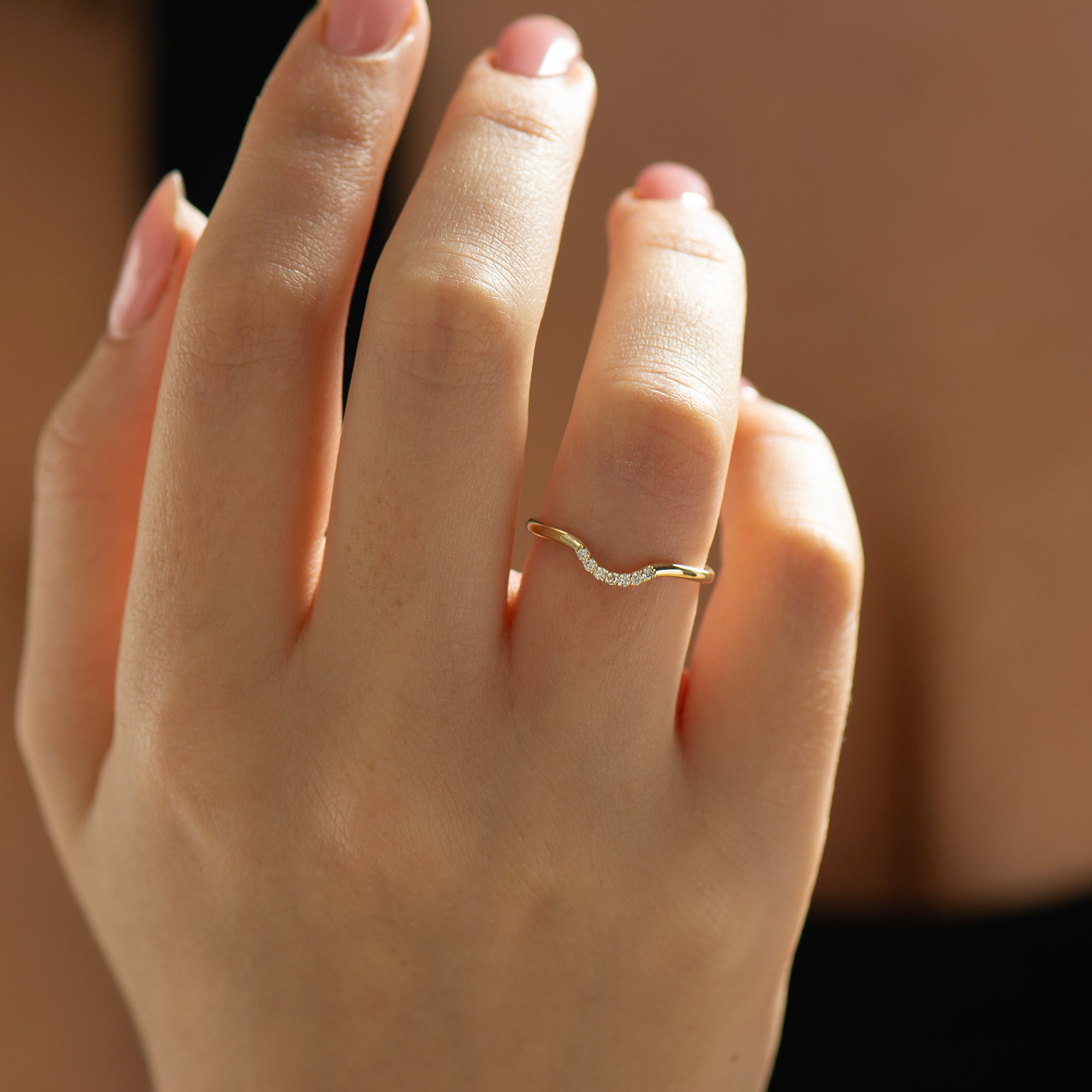 Curved Matching Seven Diamonds Wedding Ring