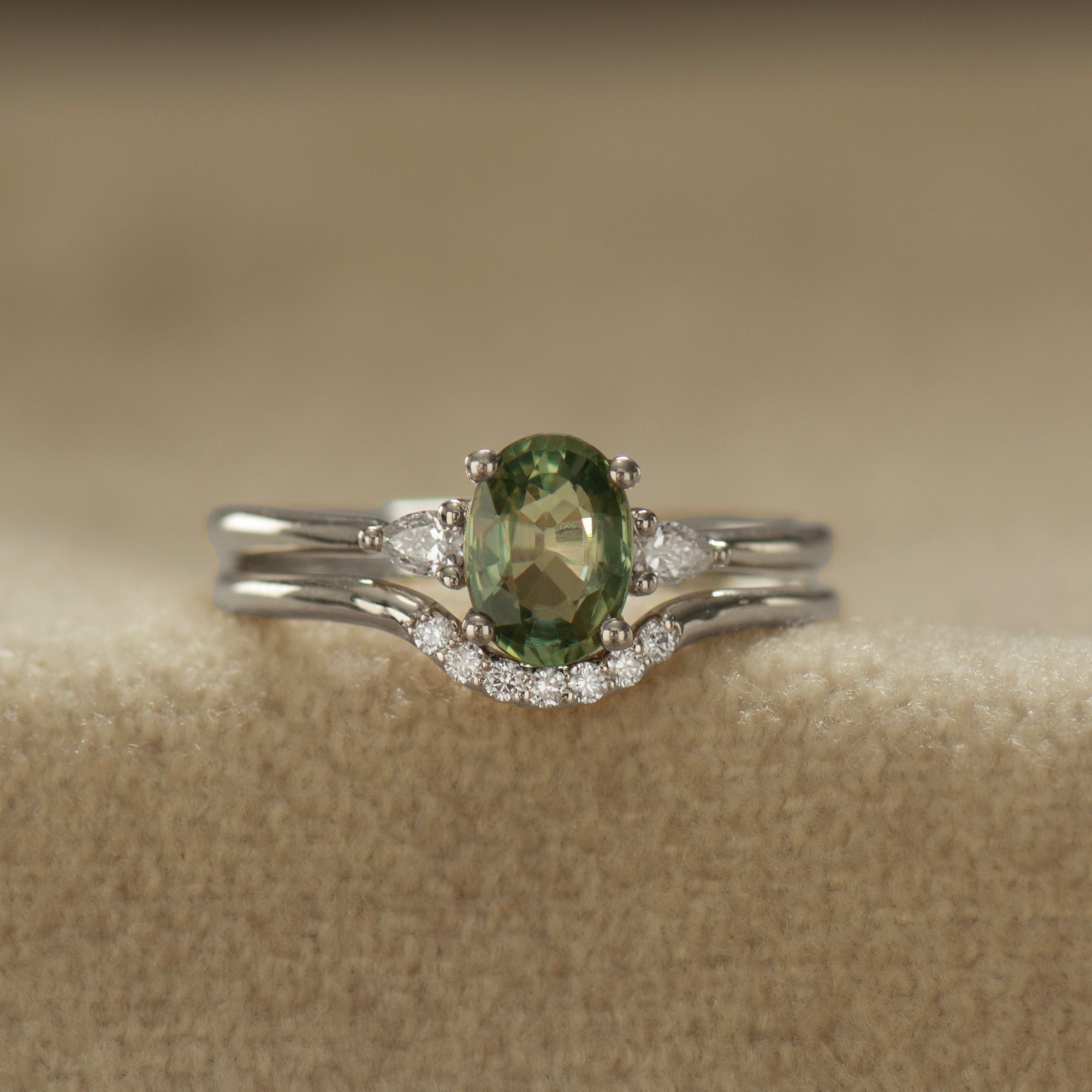 Curved Matching Seven Diamonds Wedding Ring