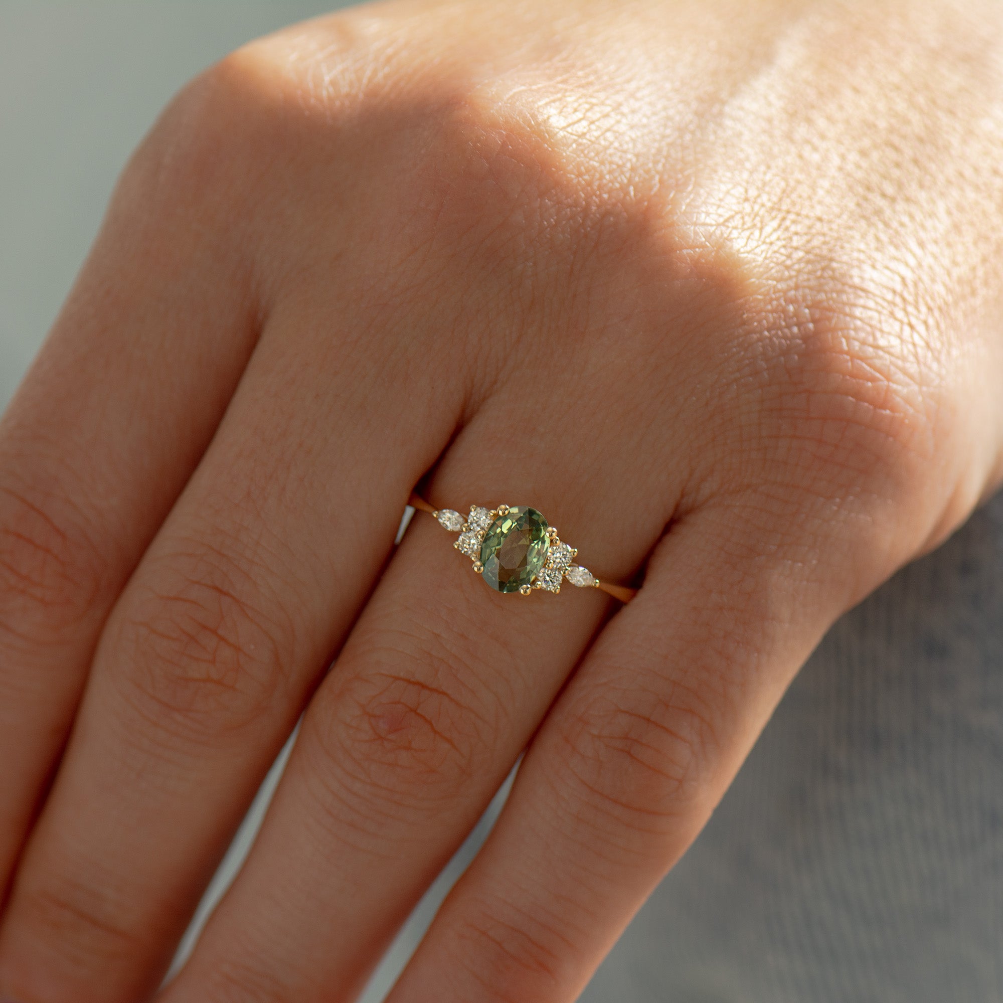 Lotus Green Sapphire Engagement Ring