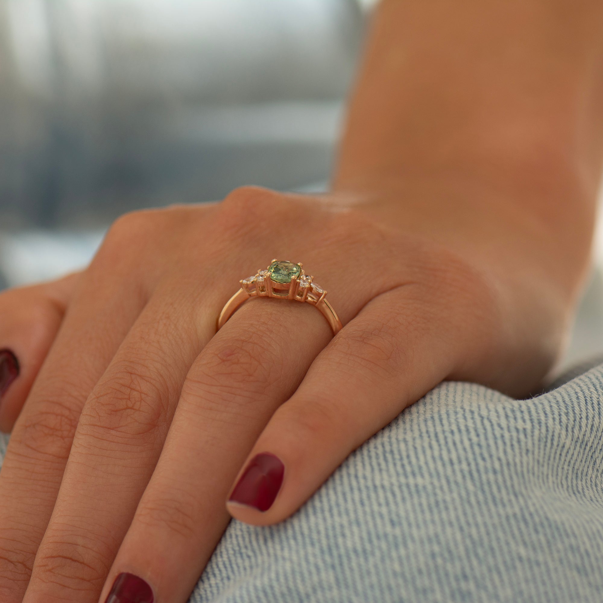 Lotus Green Sapphire Engagement Ring