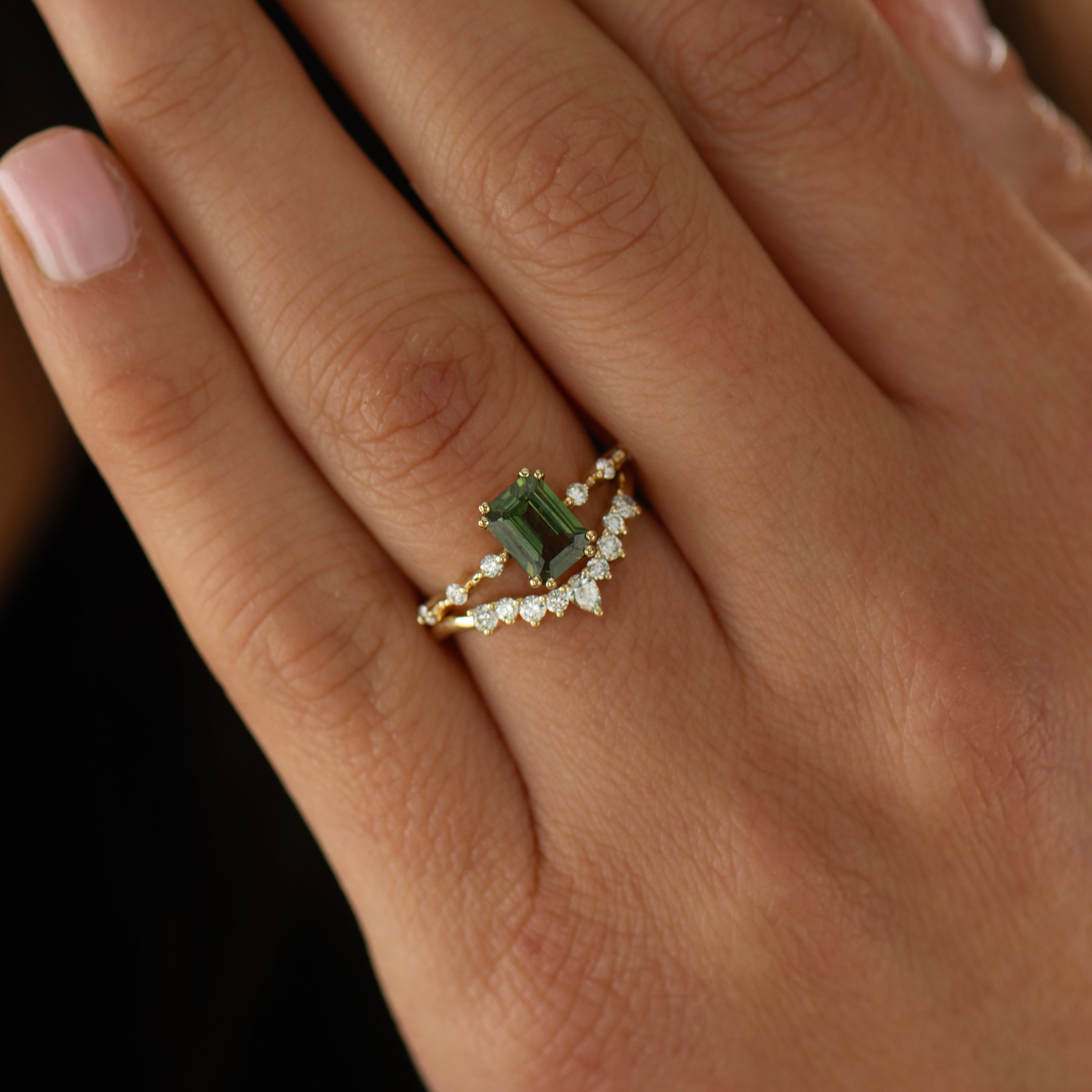 Emerald Cut, Green Sapphire Rings Set