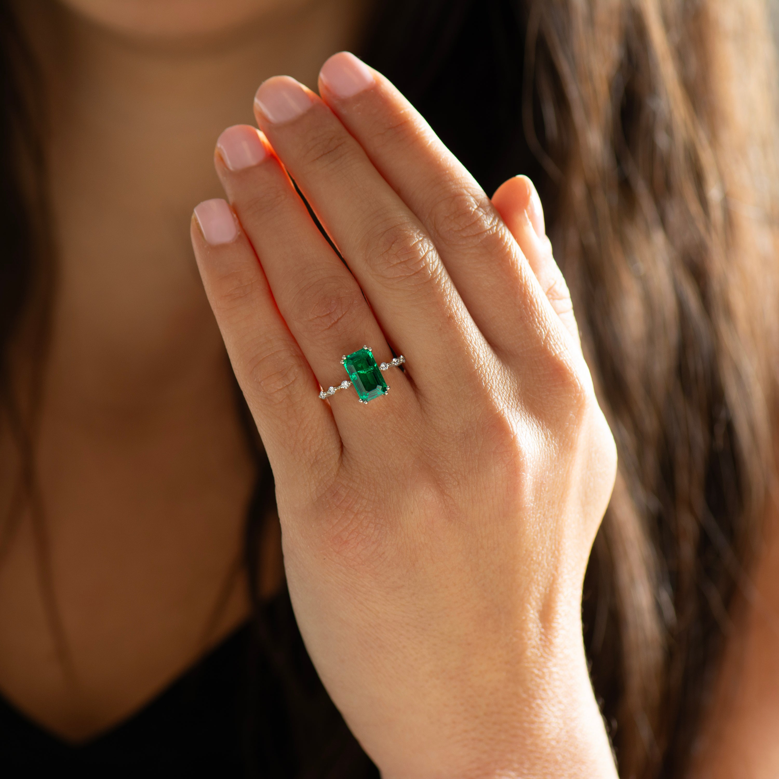 Elongated Lab Emerald Engagement Ring