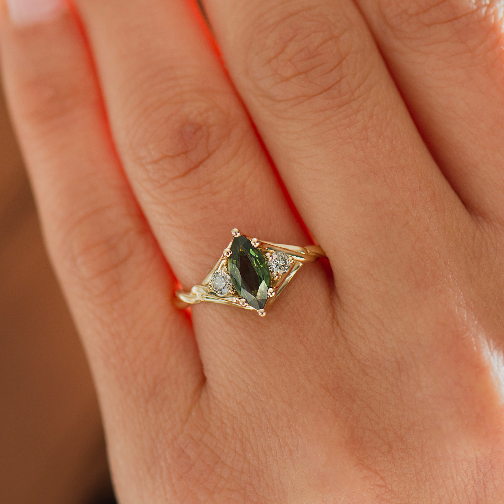 Celtic Knot Green Sapphire Ring - Marquise