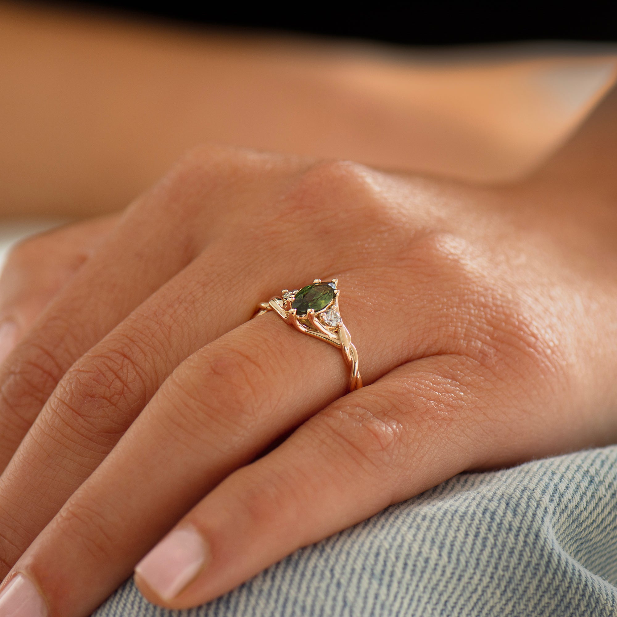 Celtic Knot Green Sapphire Ring - Marquise