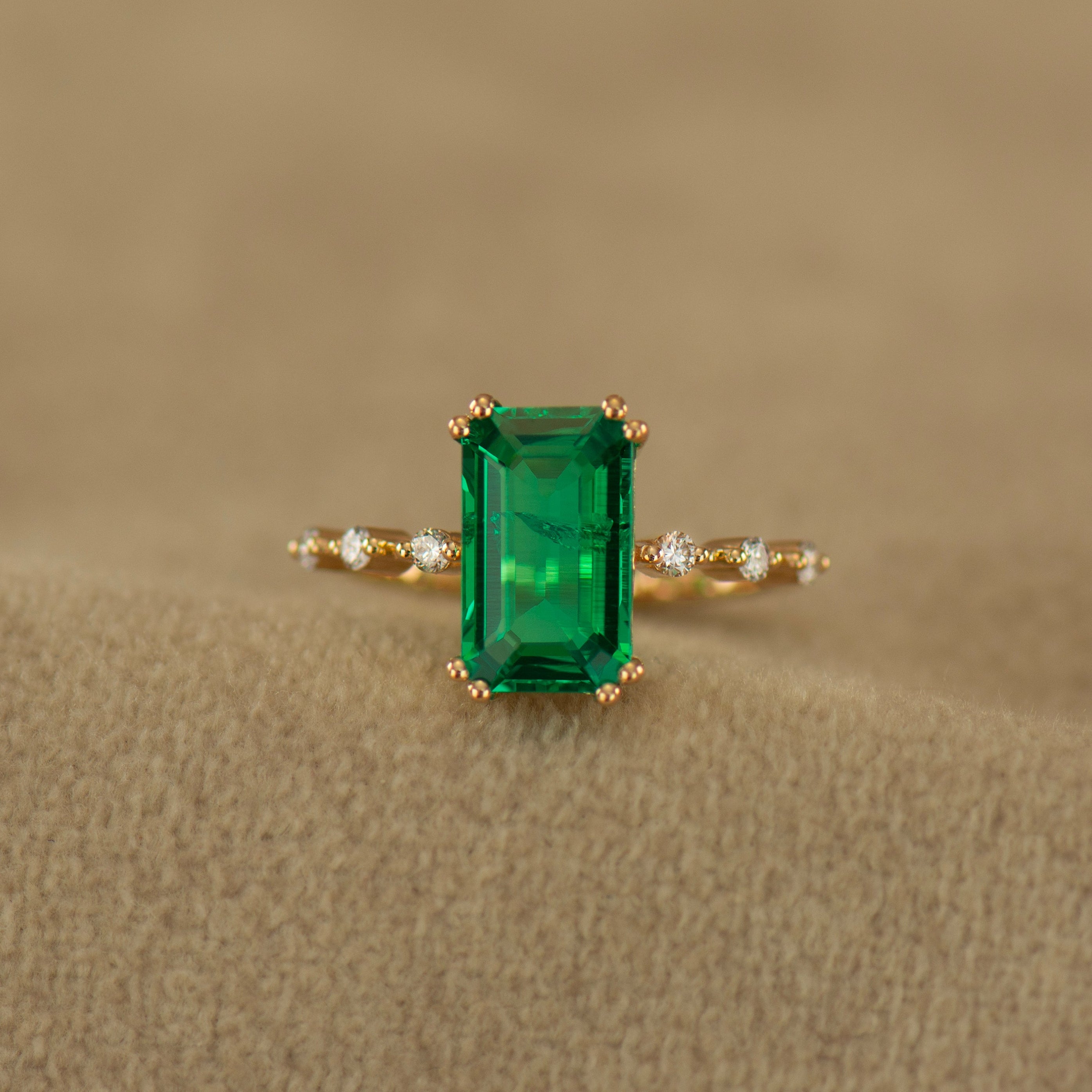 Elongated Lab Emerald Engagement Ring