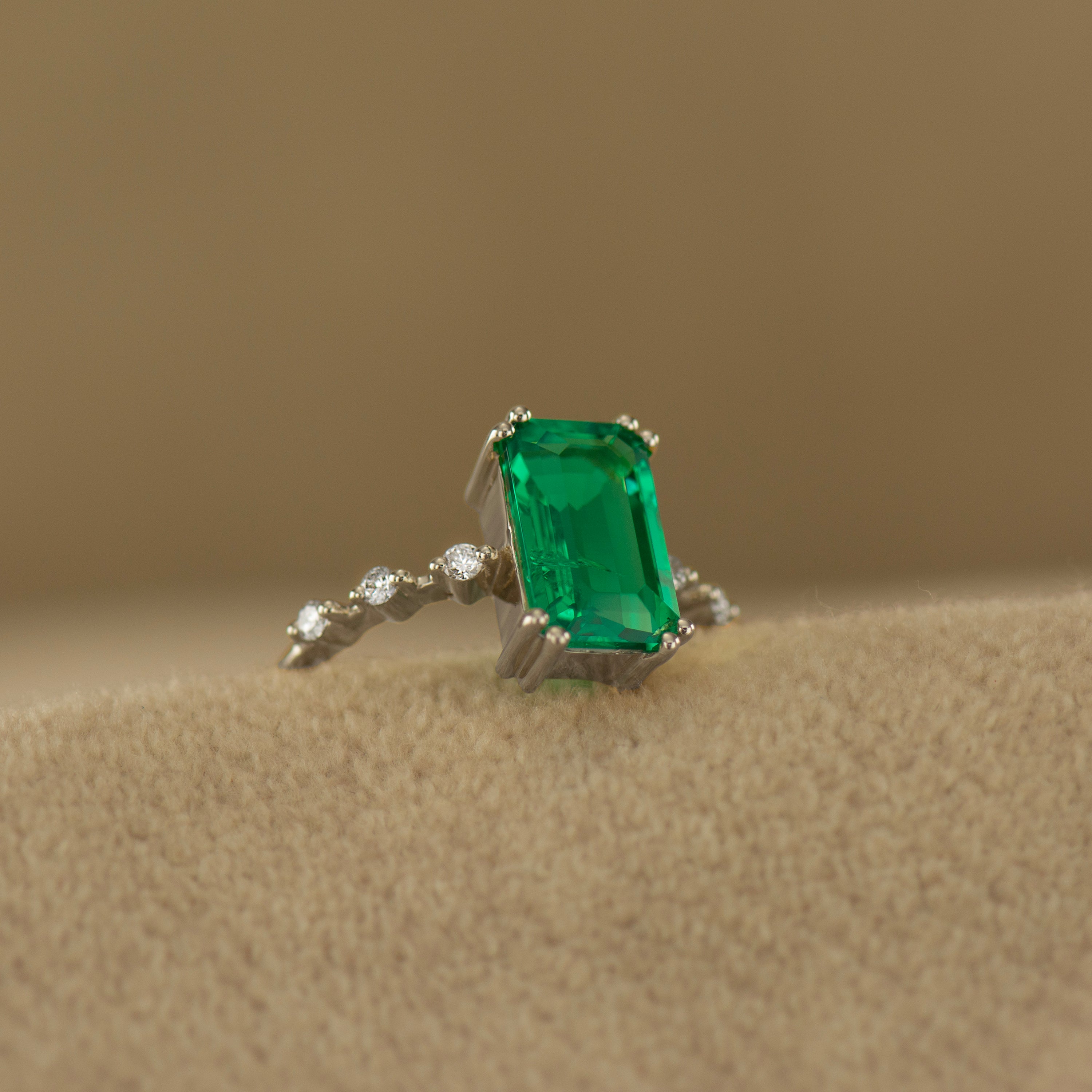 Elongated Lab Emerald Engagement Ring