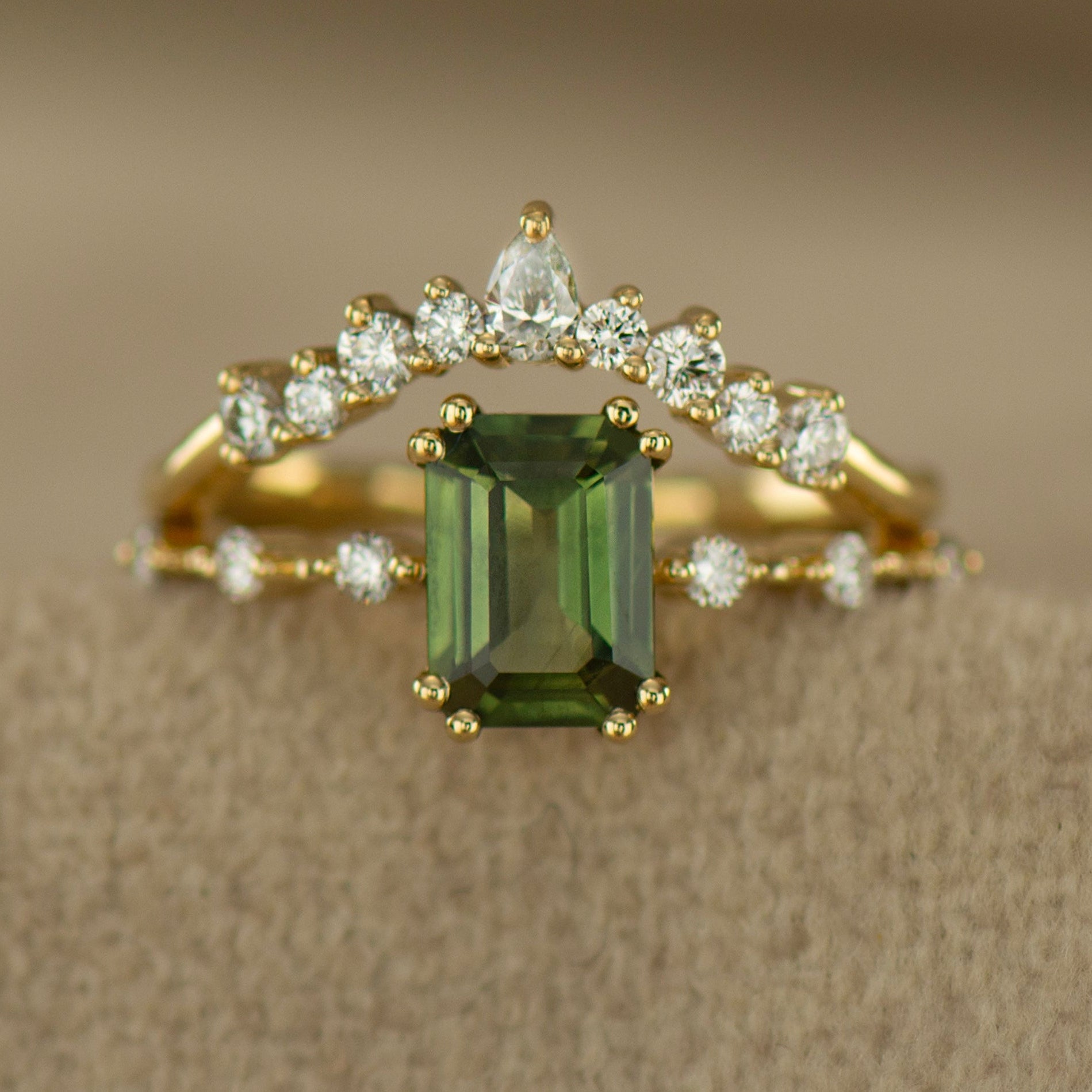Emerald Cut, Green Sapphire Rings Set