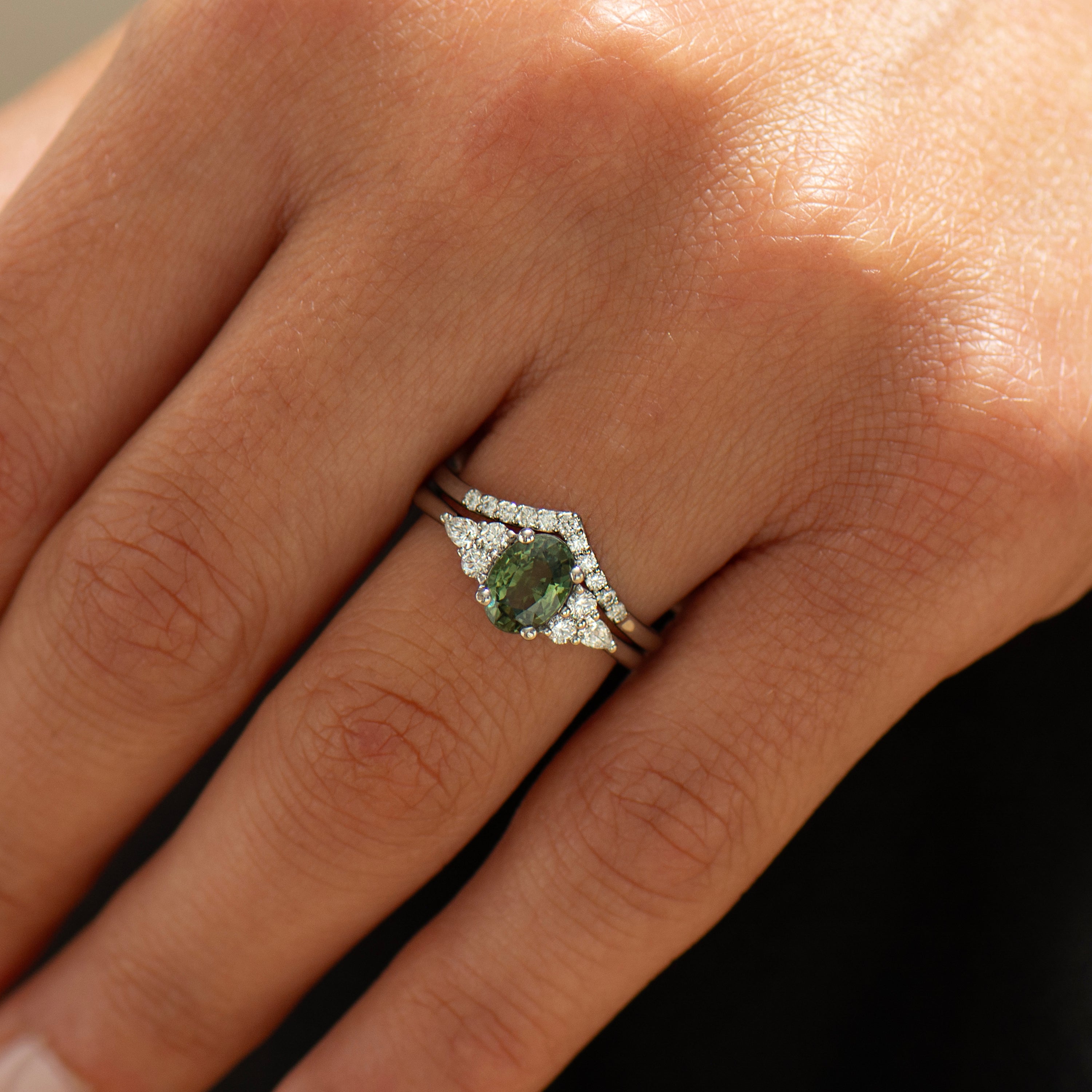 Green Sapphire Engagement Set - Natural Diamonds Set