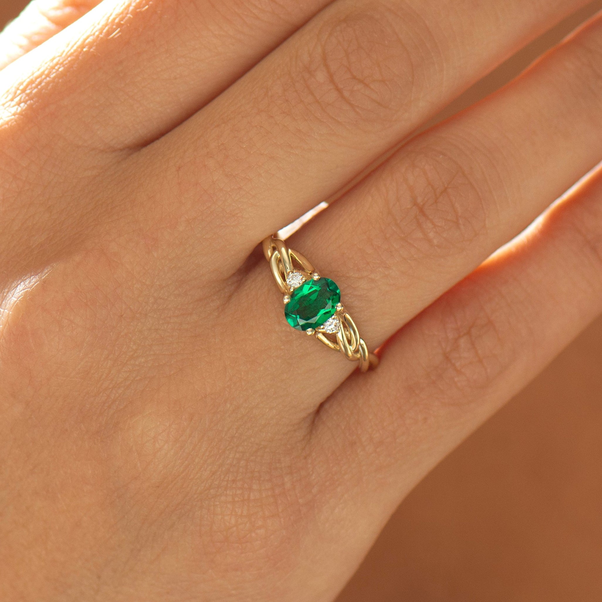 Celtic Three Stone Lab Emerald Ring