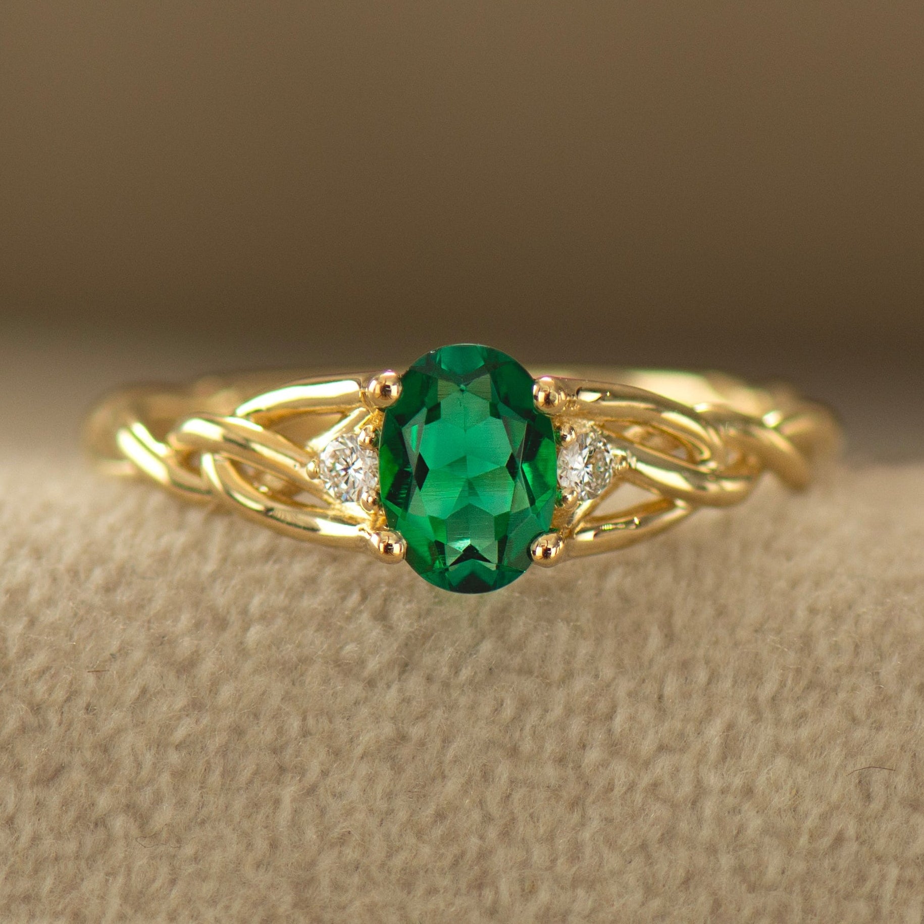 Celtic Three Stone Lab Emerald Ring