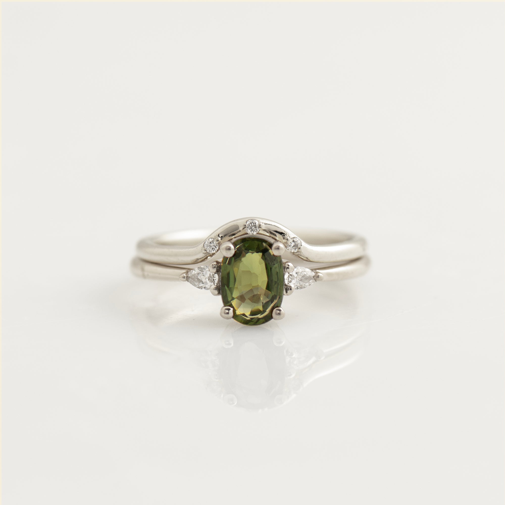 Three Stones Green Sapphire Engagement Set - with Diamonds