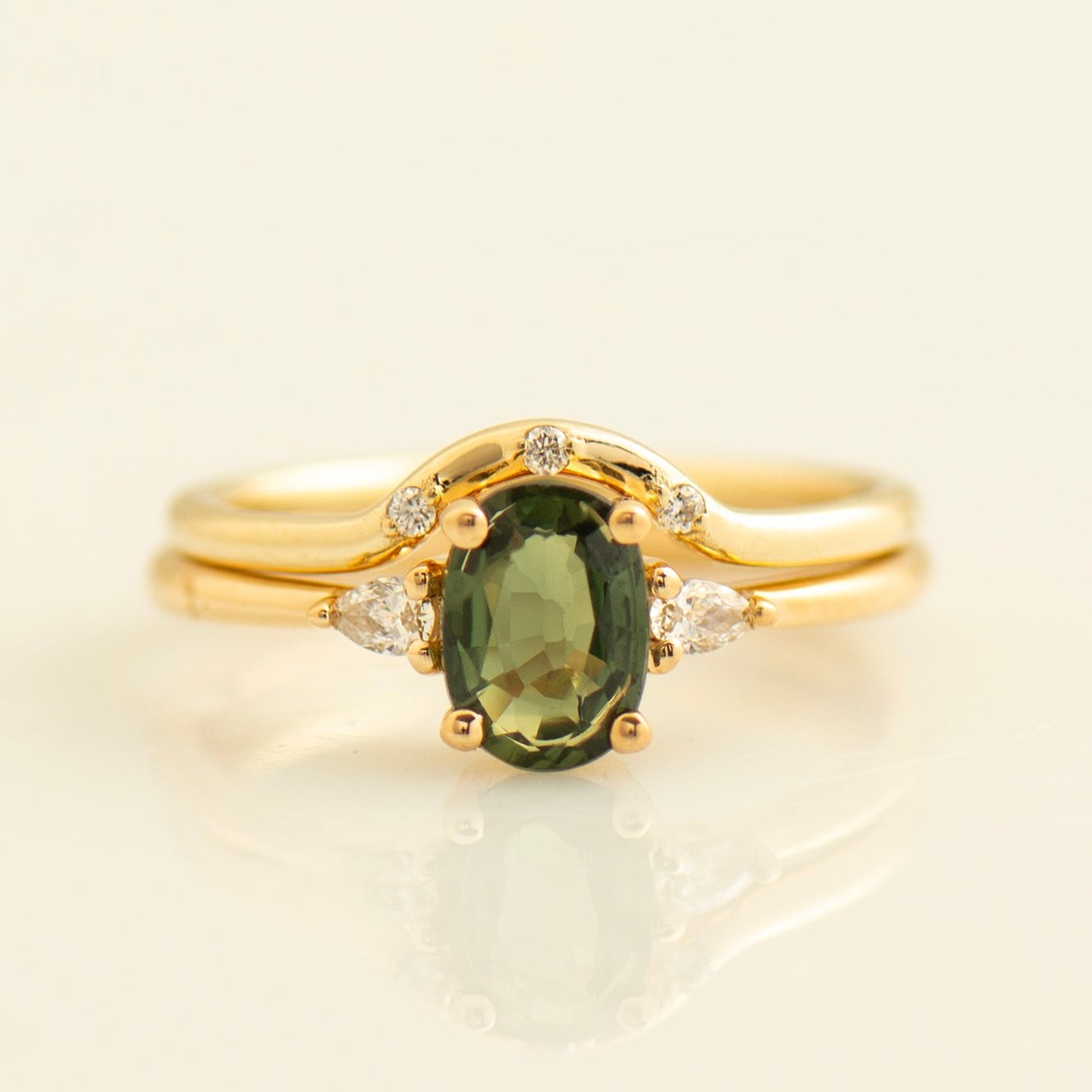 Three Stones Green Sapphire Engagement Set - with Diamonds