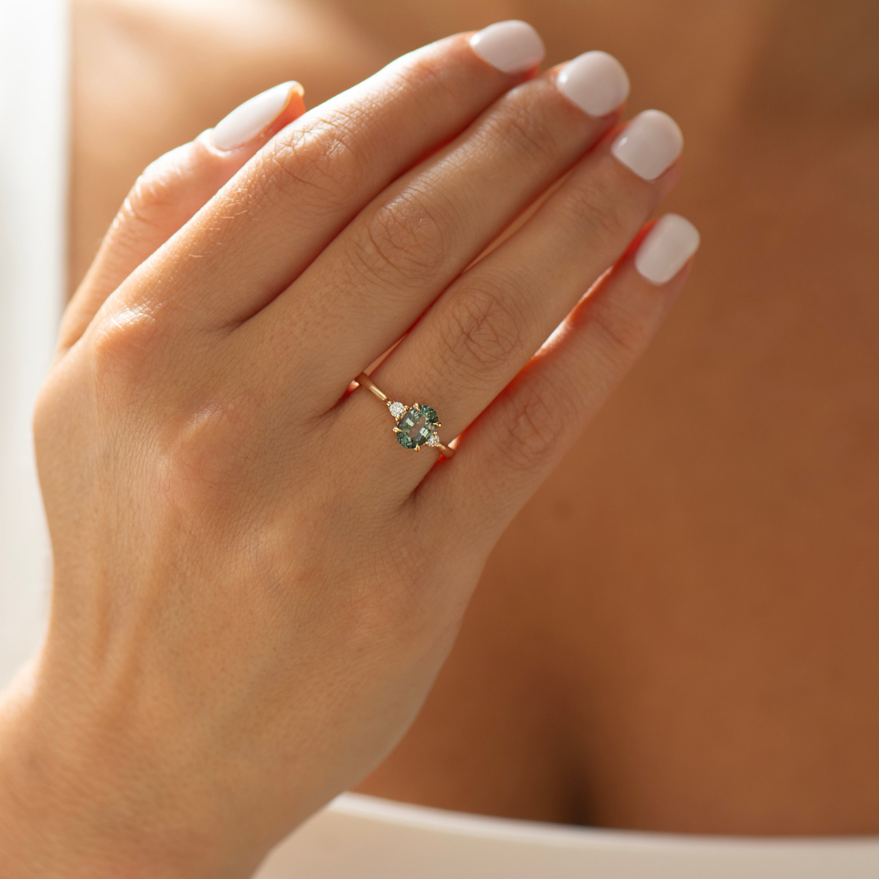 Floating Blue Green Teal Sapphire Ring