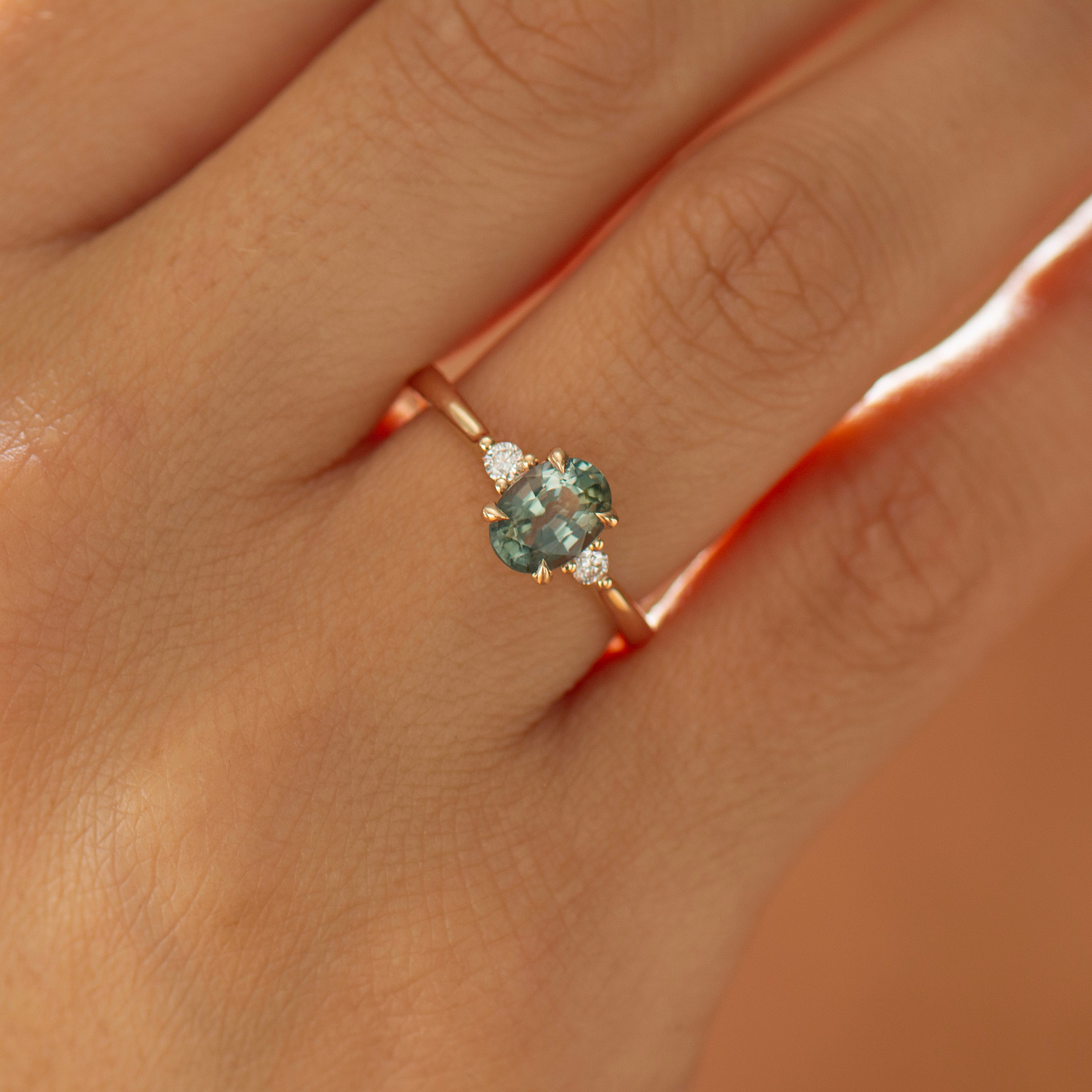 Floating Blue Green Teal Sapphire Ring