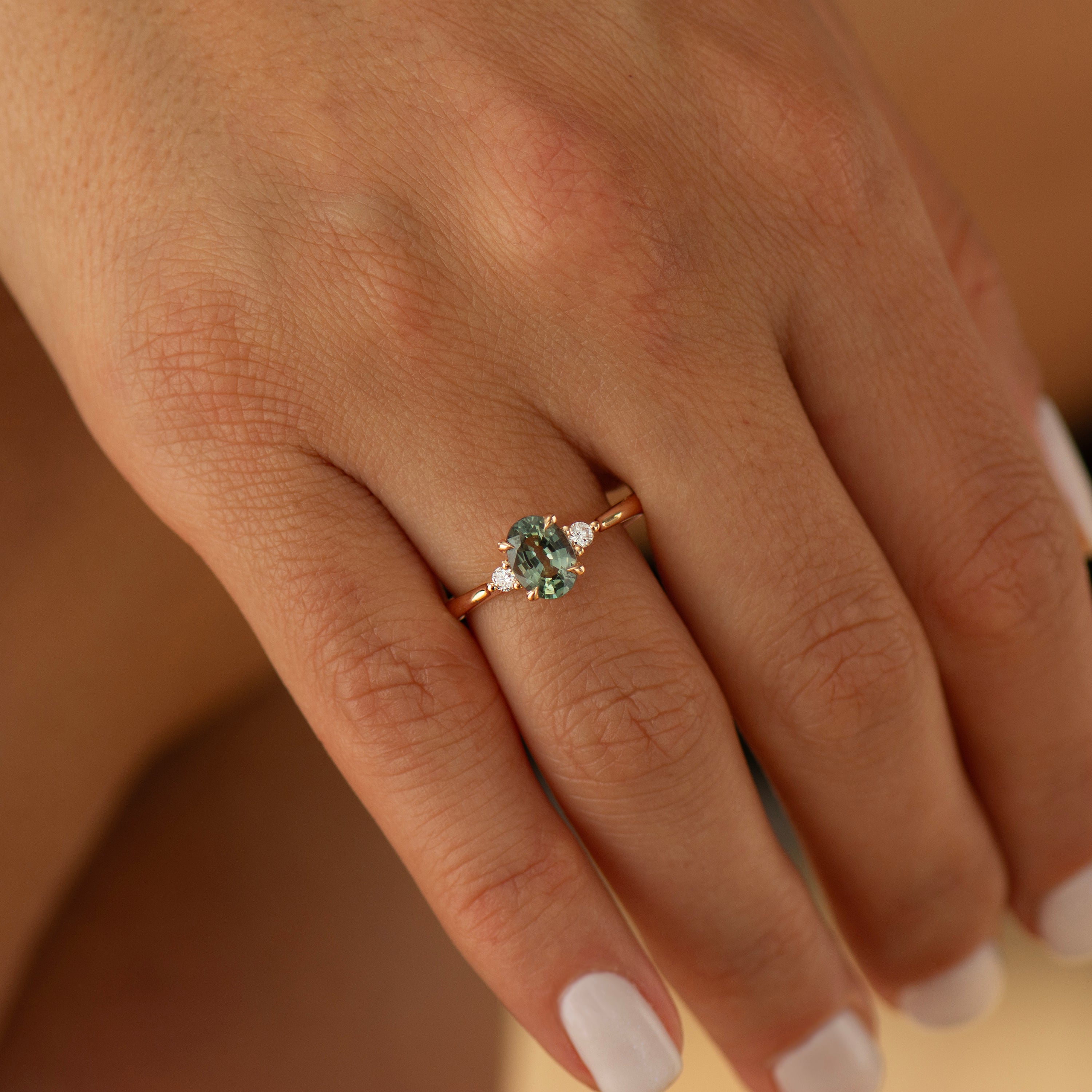 Floating Blue Green Teal Sapphire Ring